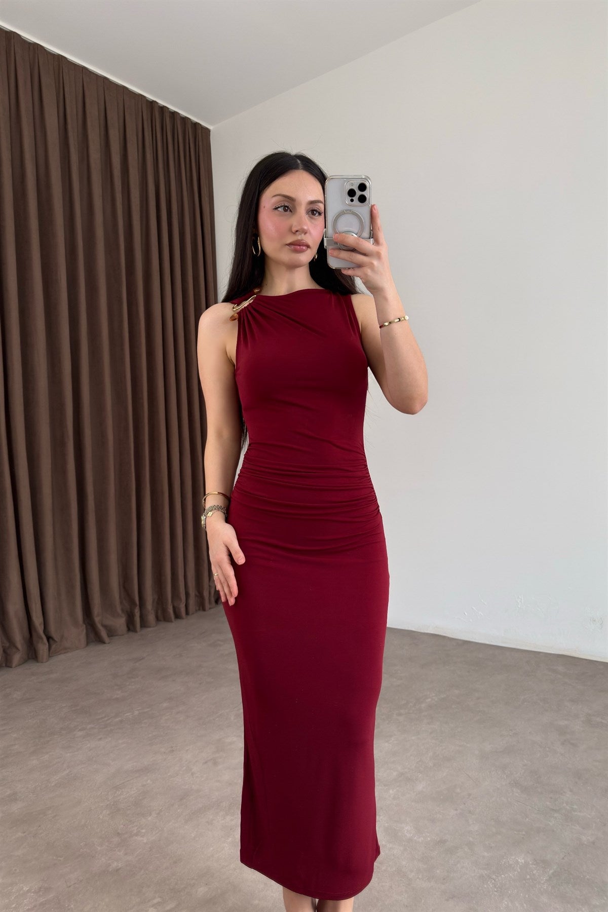 Mng Orijinal Mücevher Detaylı Mürdüm Midi Elbise