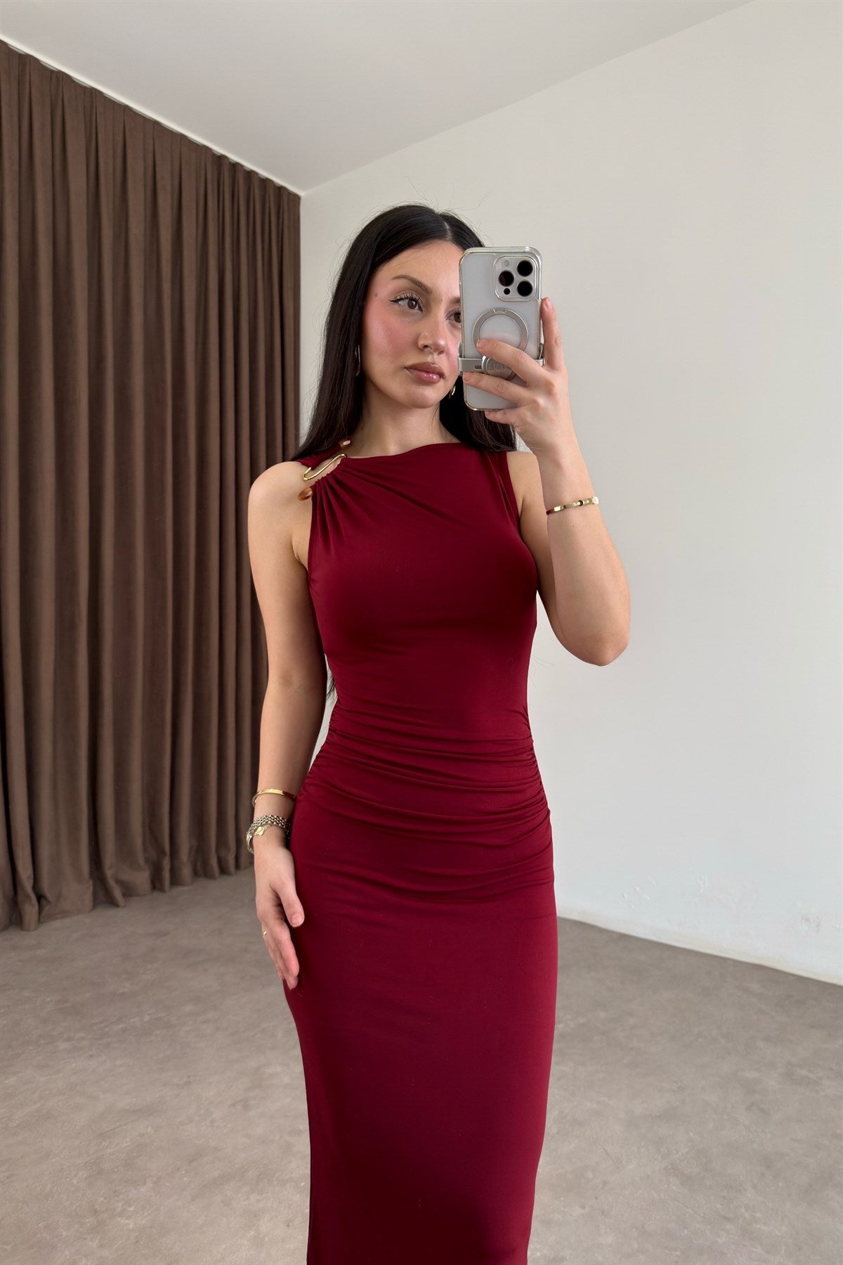 Mng Orijinal Mücevher Detaylı Mürdüm Midi Elbise