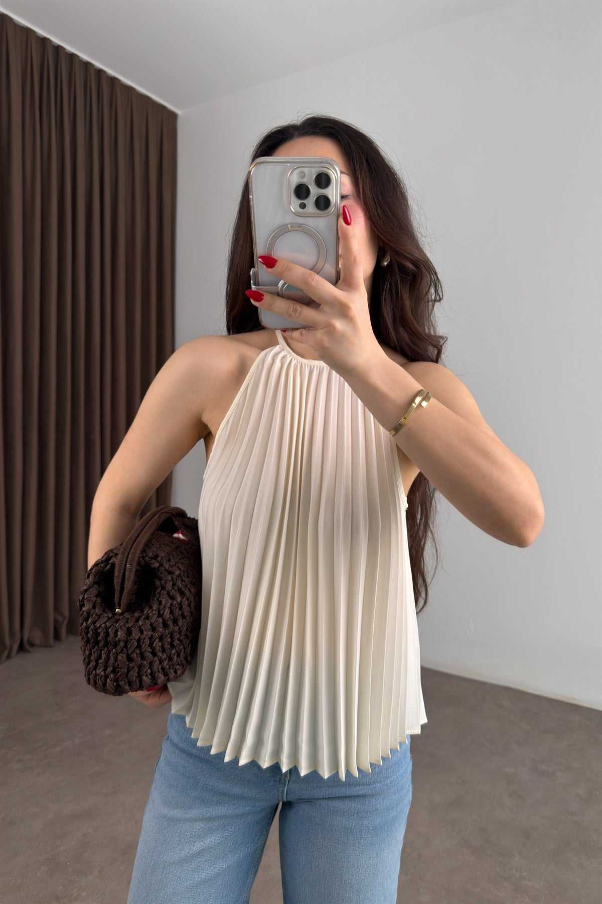 Mng Orijinal Pilili Halter Yaka Ekru Bluz