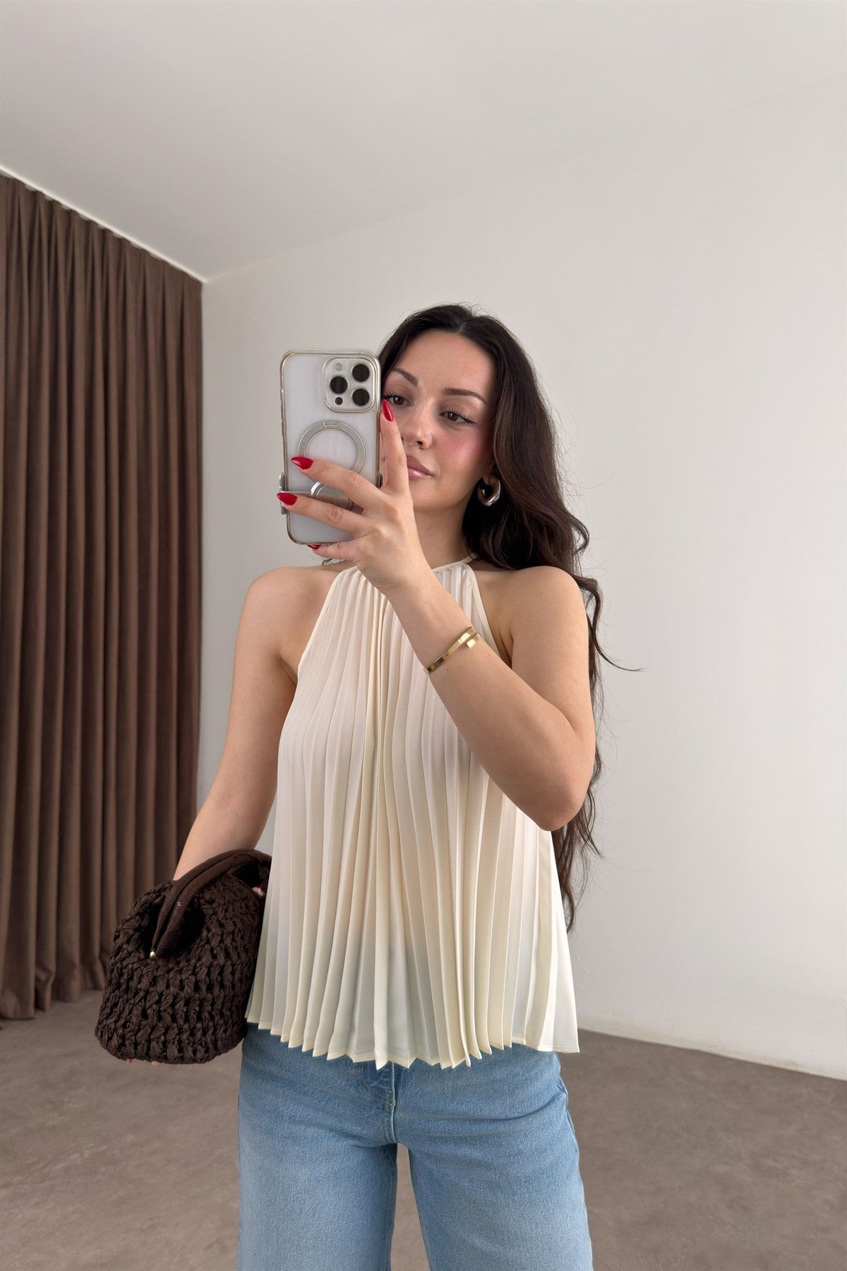 Mng Orijinal Pilili Halter Yaka Ekru Bluz