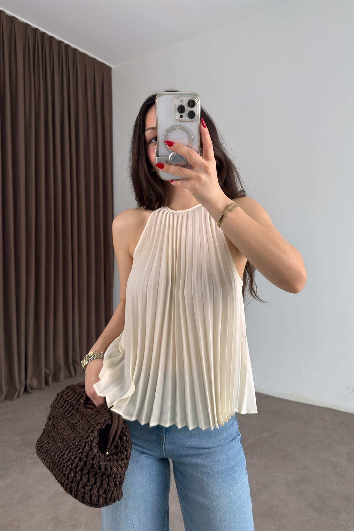 Mng Orijinal Pilili Halter Yaka Ekru Bluz