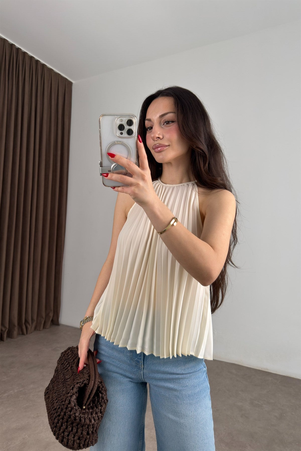 Mng Orijinal Pilili Halter Yaka Ekru Bluz