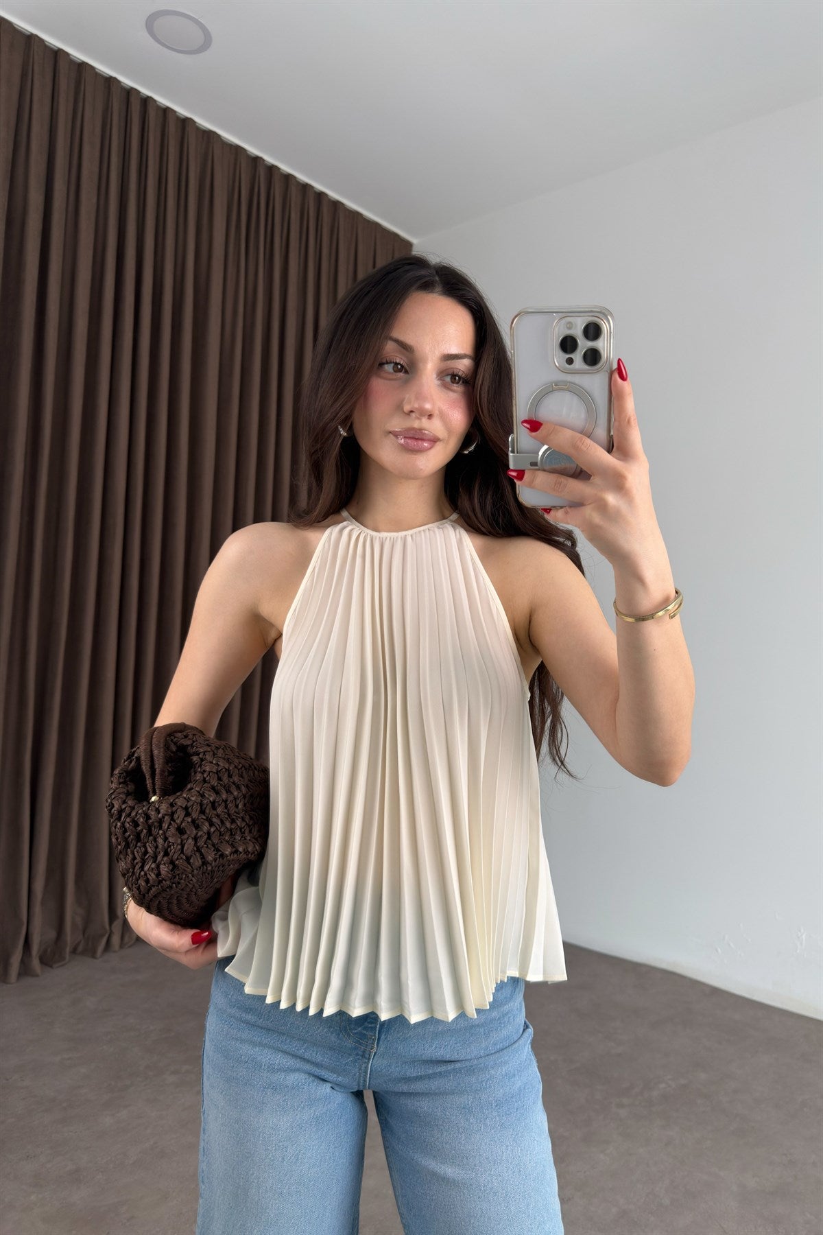 Mng Orijinal Pilili Halter Yaka Ekru Bluz