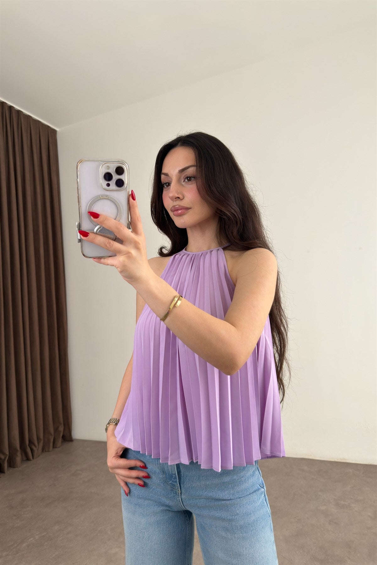 Mng Orijinal Pilili Halter Yaka Lila Bluz