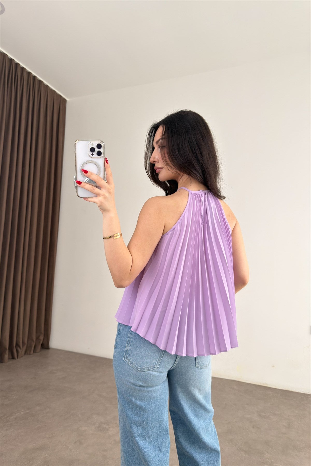 Mng Orijinal Pilili Halter Yaka Lila Bluz