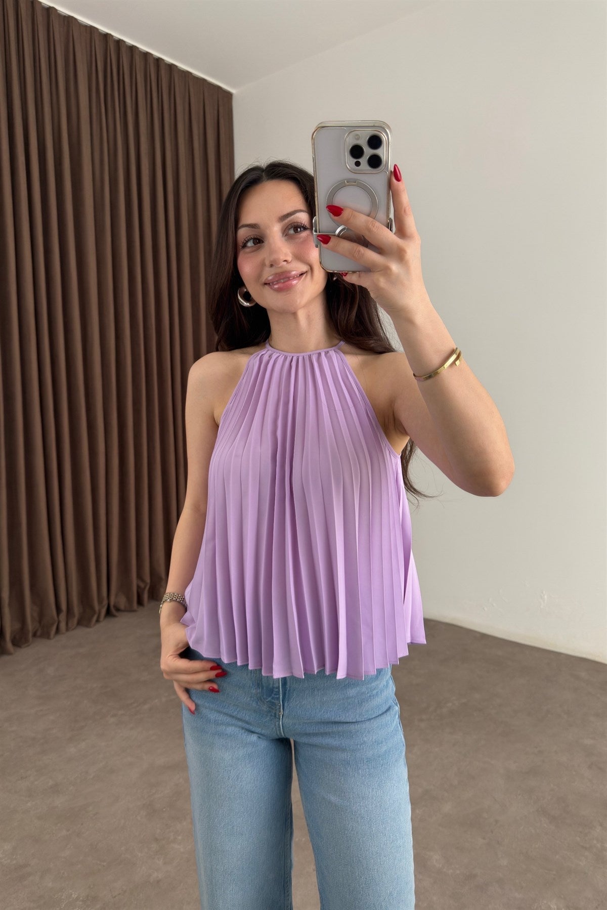 Mng Orijinal Pilili Halter Yaka Lila Bluz
