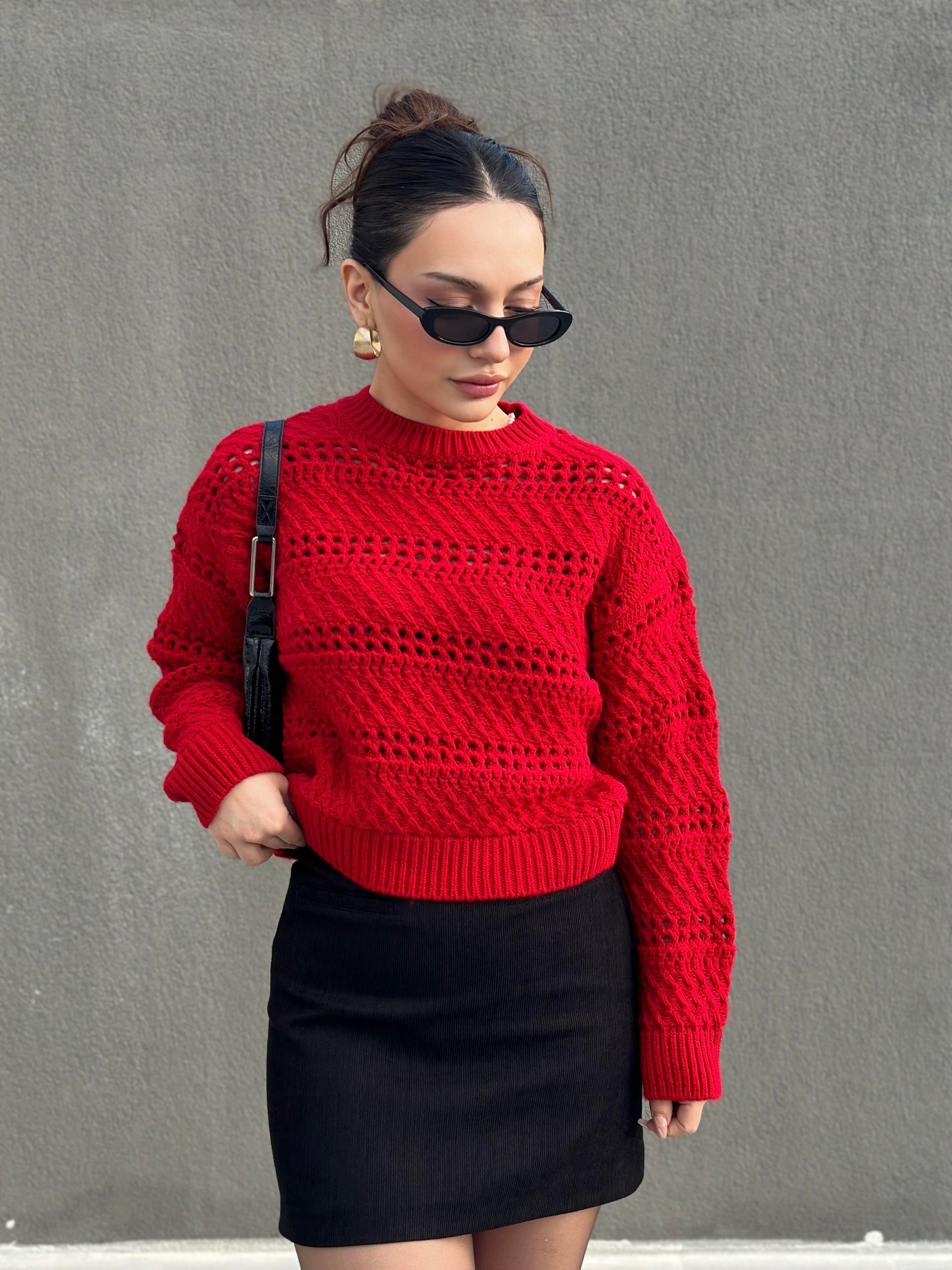 Mng Orj. Desenli Örgü Kırmızı Kazak