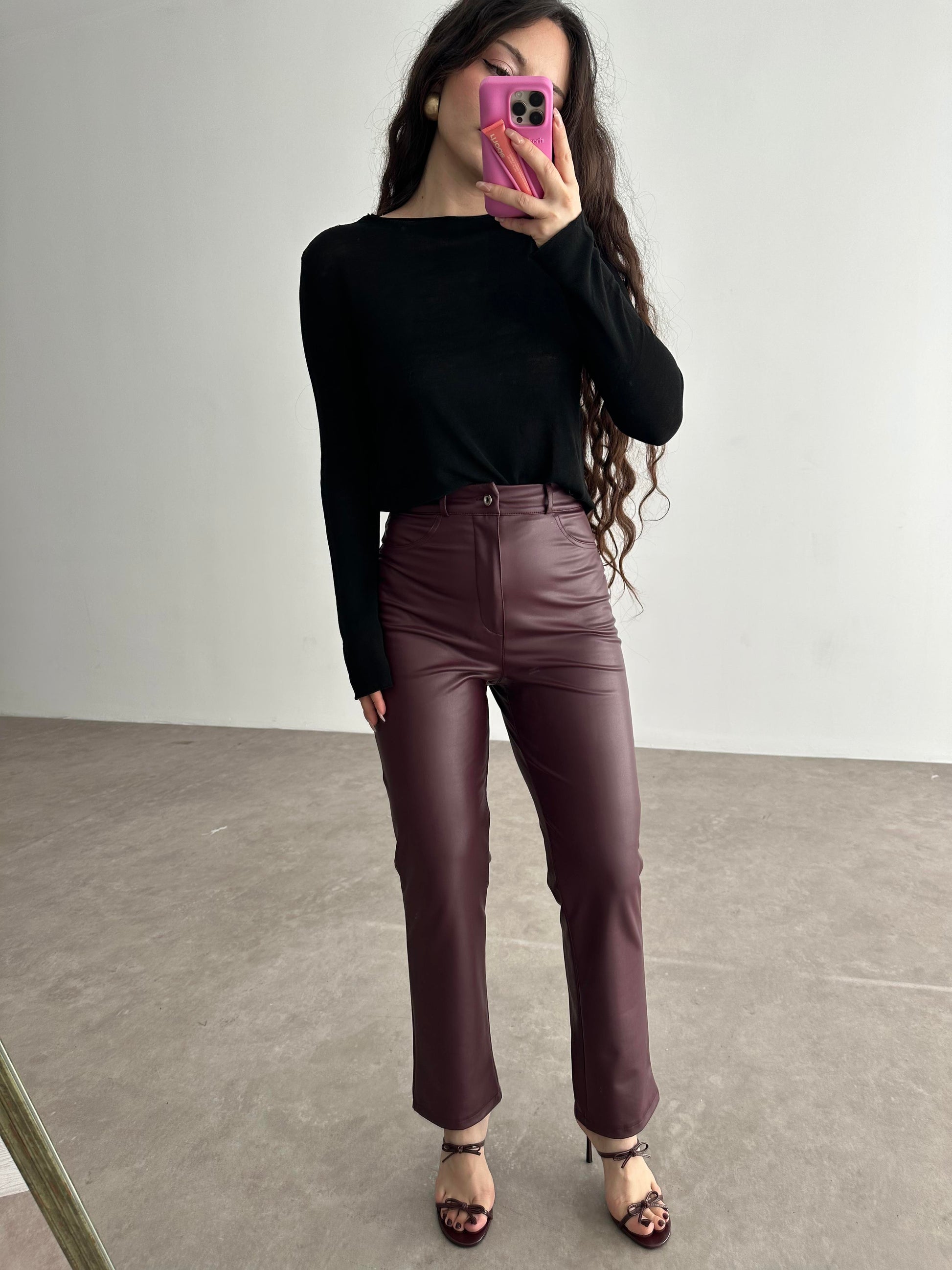 Mng Orj. Yüksek Belli Bilek Boy Deri Pantolon Bordo