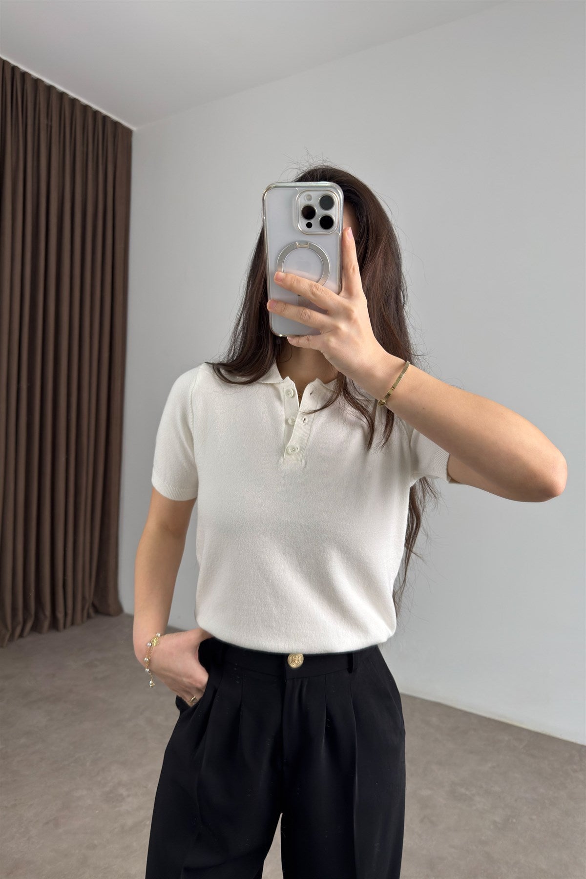 Mssmo Dtti Polo Yaka Kısa Kollu Ekru Triko