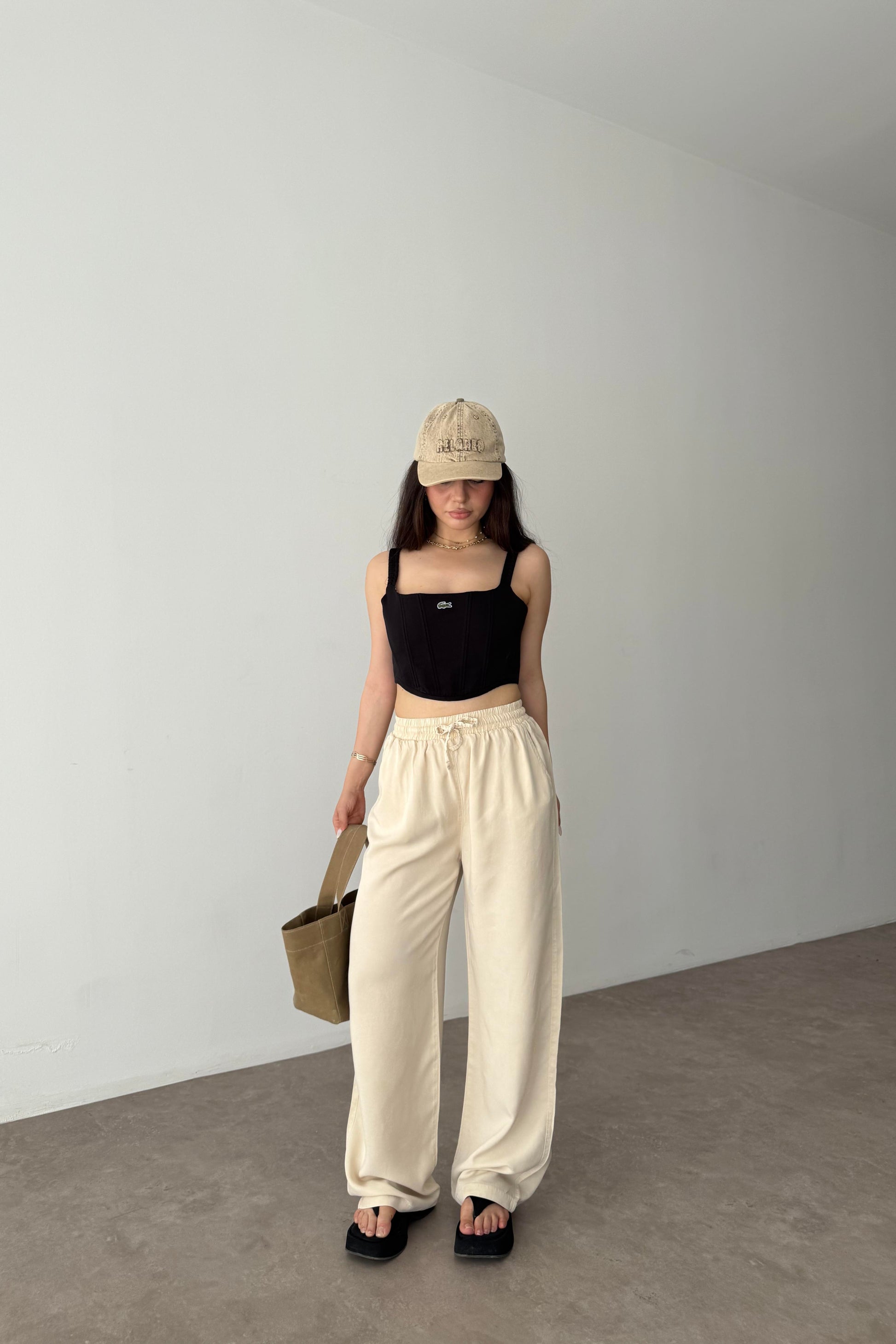 Mssmo Yüksel Bel Pamuk Tensel Krem Pantolon