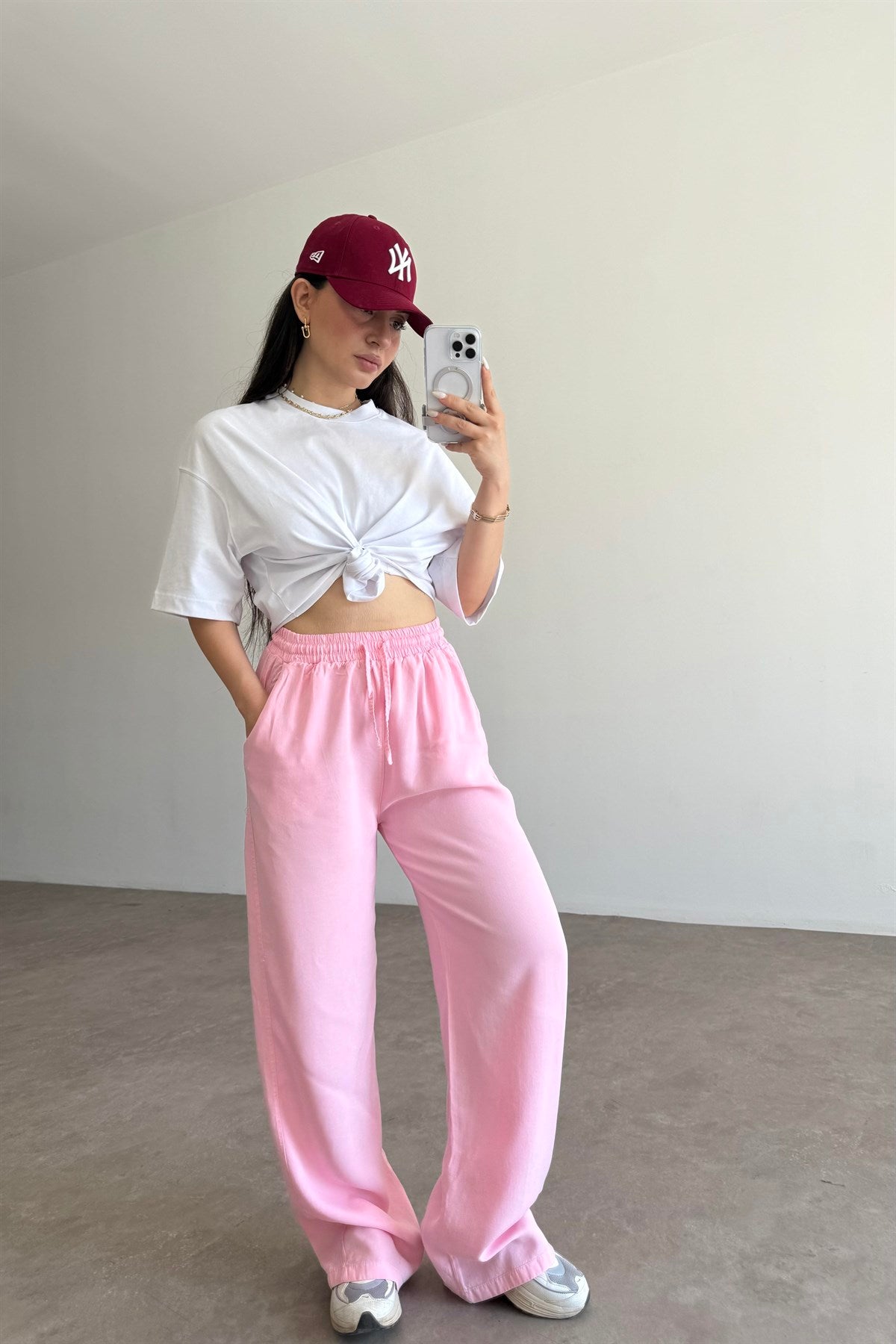 Mssmo Yüksel Bel Pamuk Pembe Tensel Pantolon