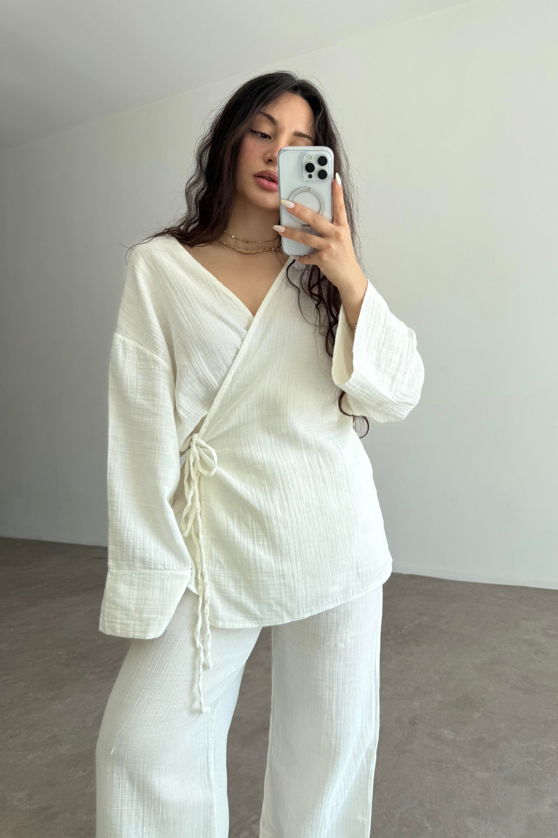 Müslin Kumaş Çapraz Bağlama Kimono Takım Ekru