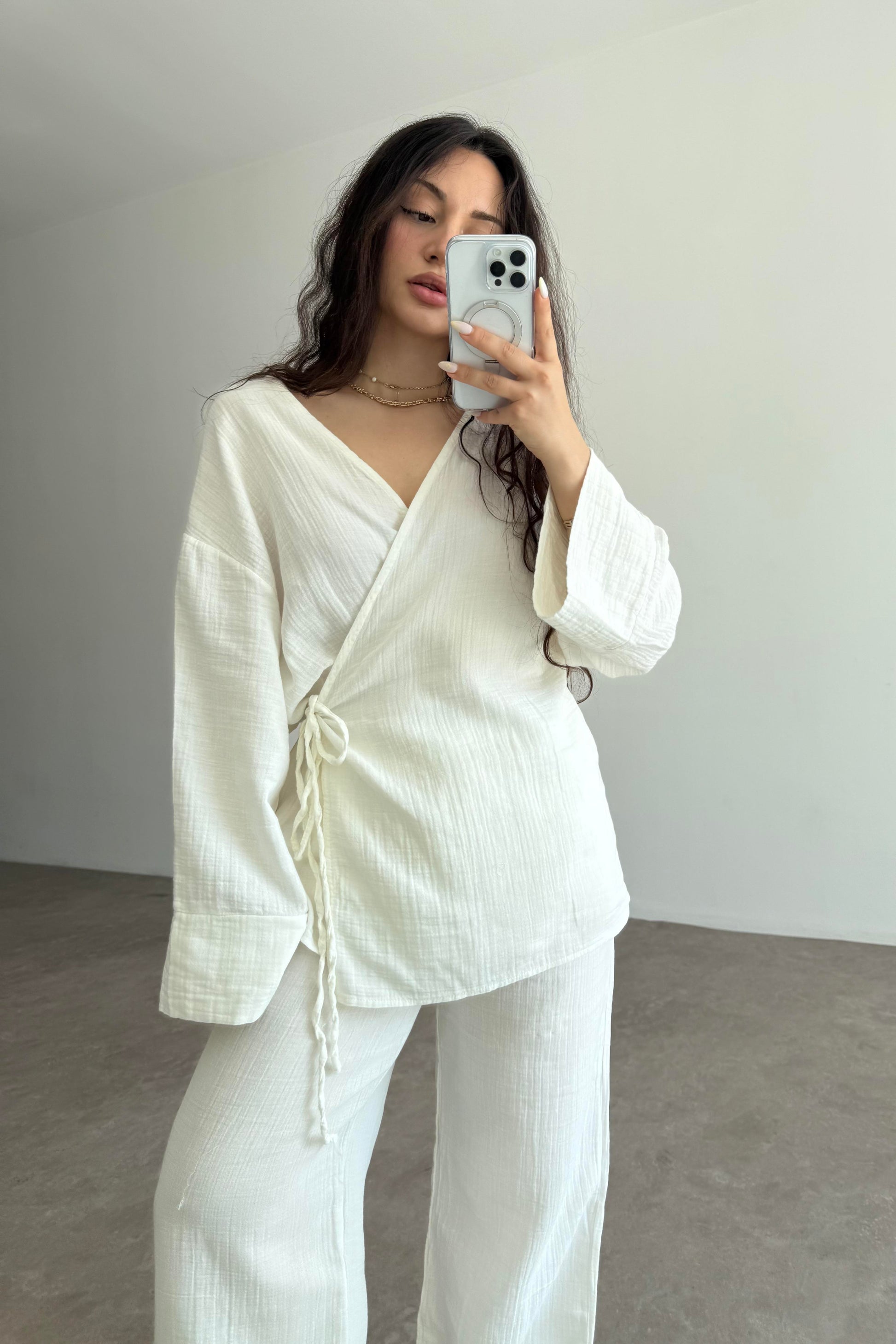Müslin Kumaş Çapraz Bağlama Kimono Takım Ekru