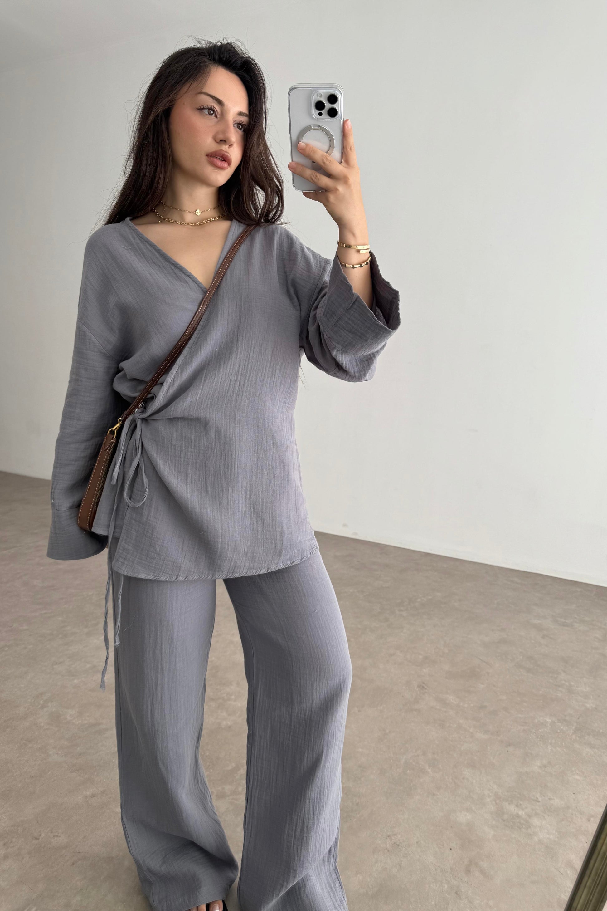 Müslin Kumaş Çapraz Bağlama Kimono Takım İndigo