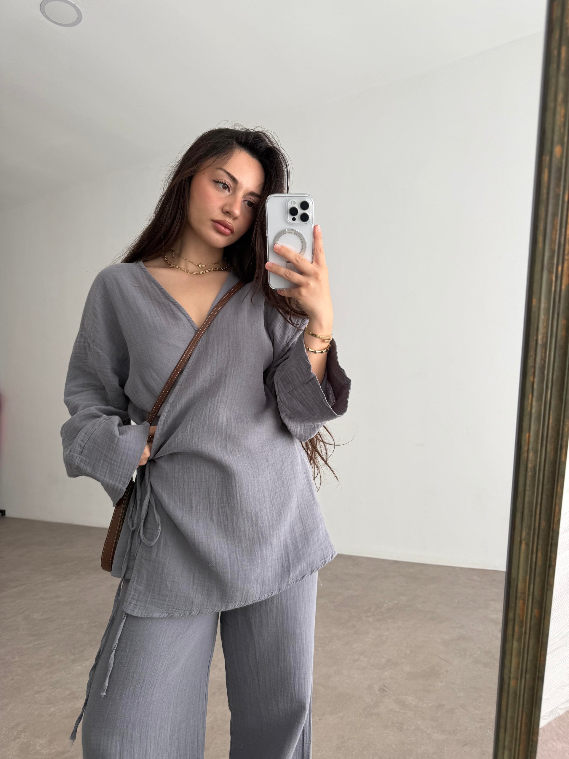 Müslin Kumaş Çapraz Bağlama Kimono Takım İndigo