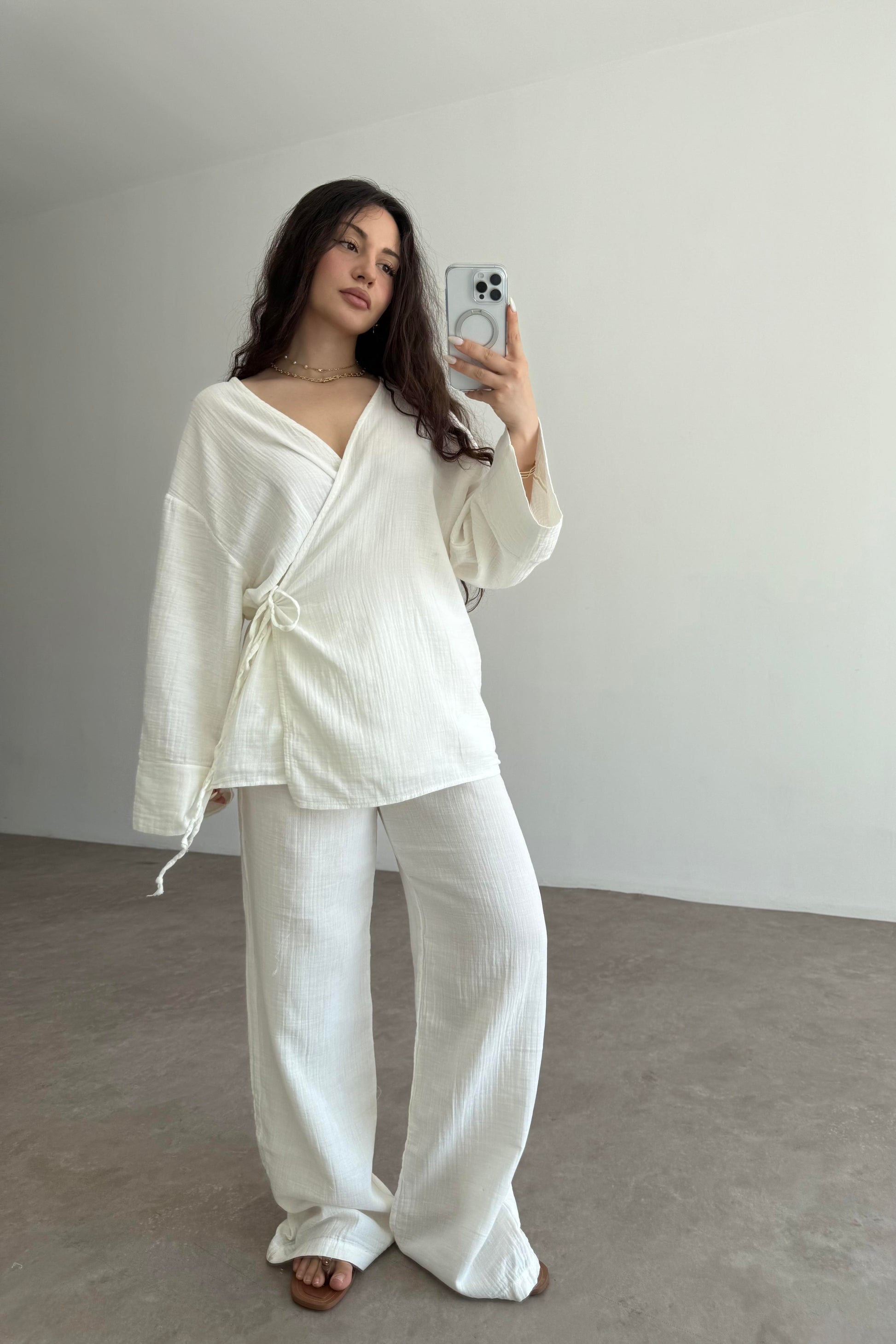 Müslin Kumaş Çapraz Bağlama Kimono Takım Ekru