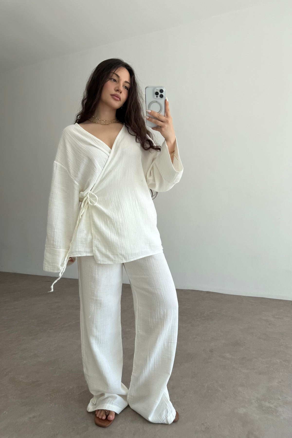 Müslin Kumaş Çapraz Bağlama Kimono Takım Ekru