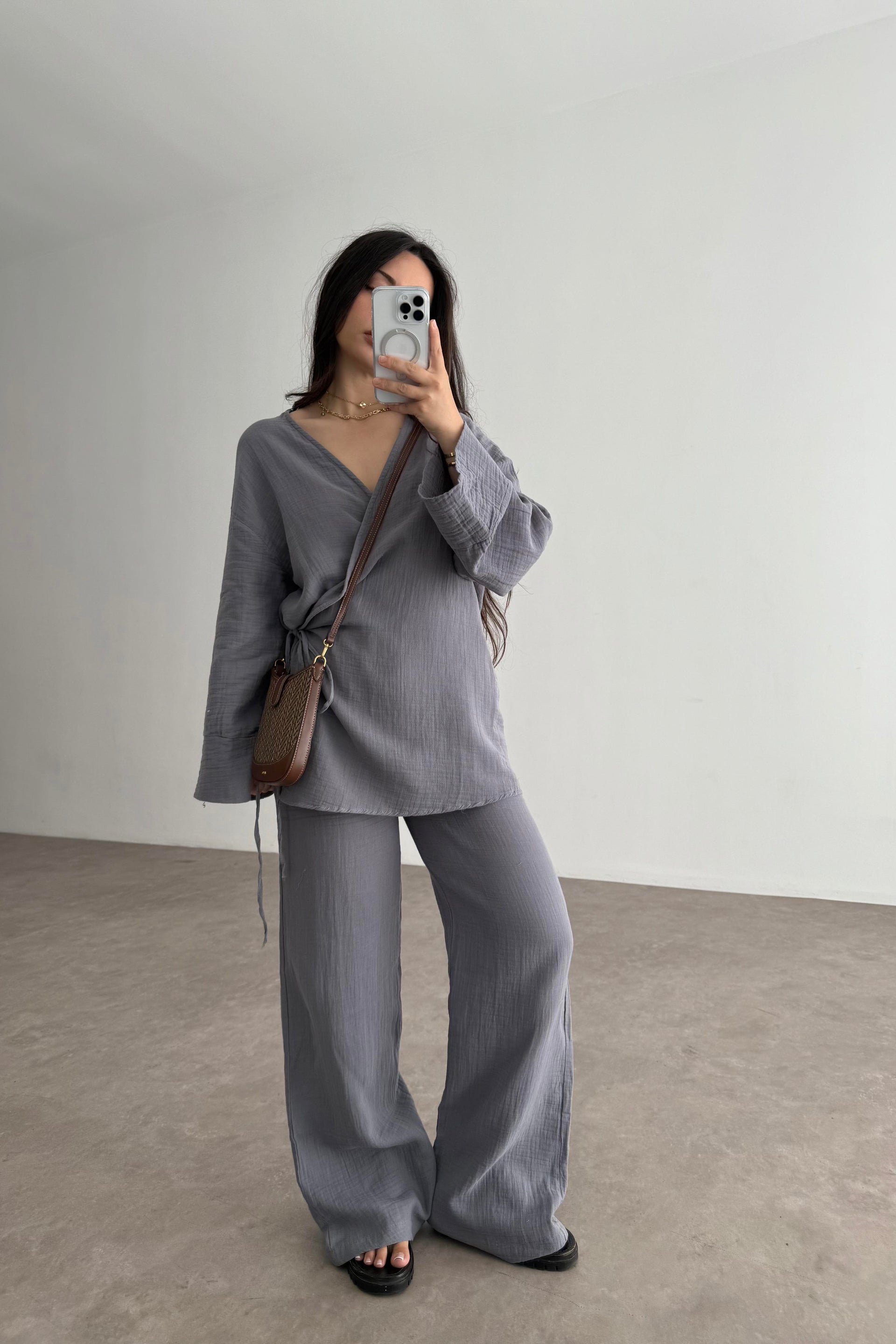 Müslin Kumaş Çapraz Bağlama Kimono Takım İndigo
