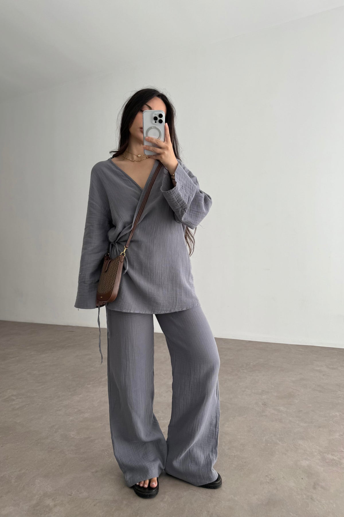 Müslin Kumaş Çapraz Bağlama Kimono Takım İndigo