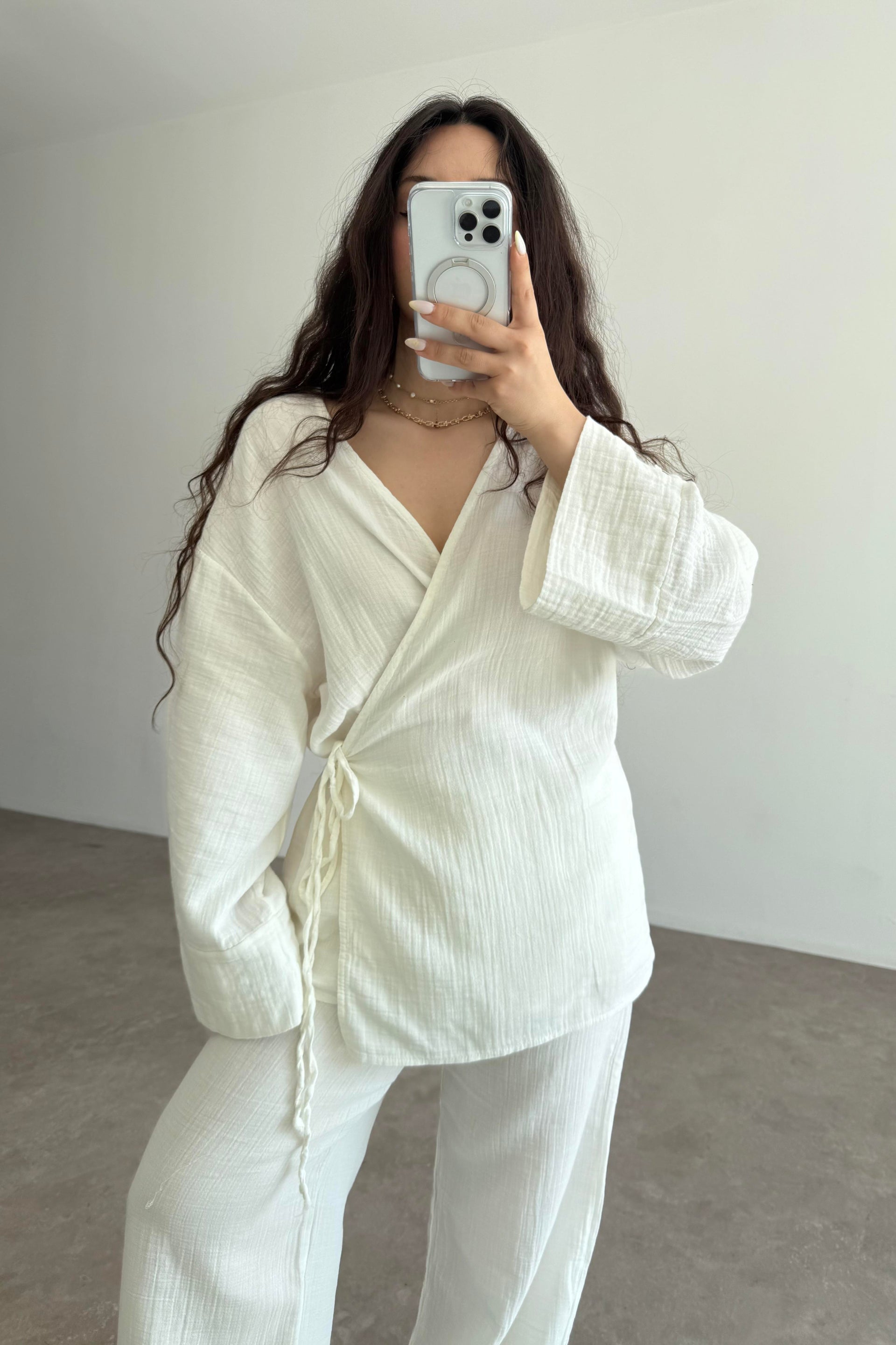 Müslin Kumaş Çapraz Bağlama Kimono Takım Ekru