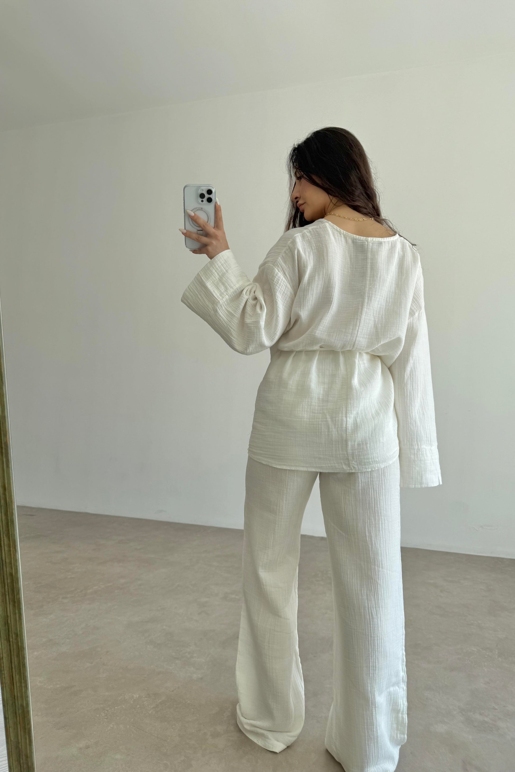 Müslin Kumaş Çapraz Bağlama Kimono Takım Ekru