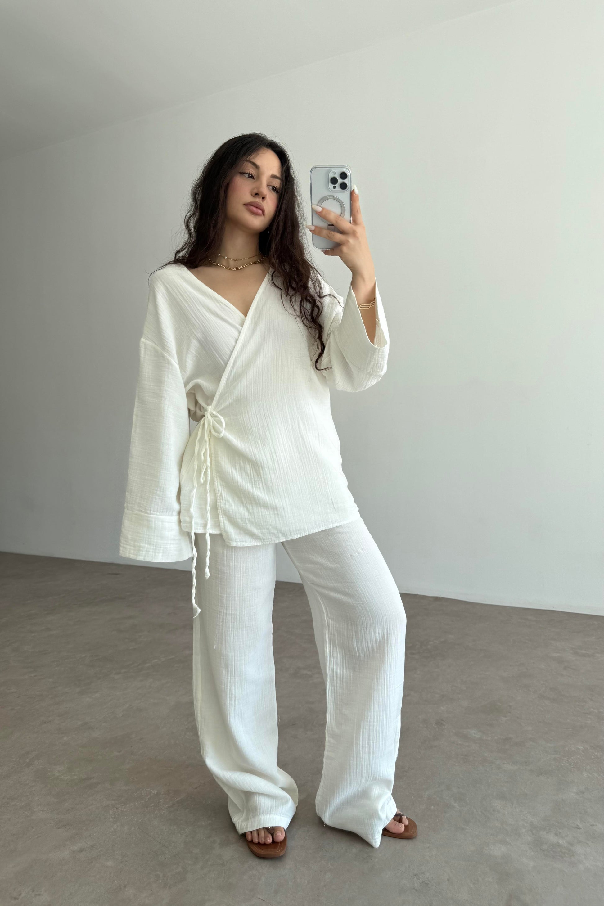 Müslin Kumaş Çapraz Bağlama Kimono Takım Ekru