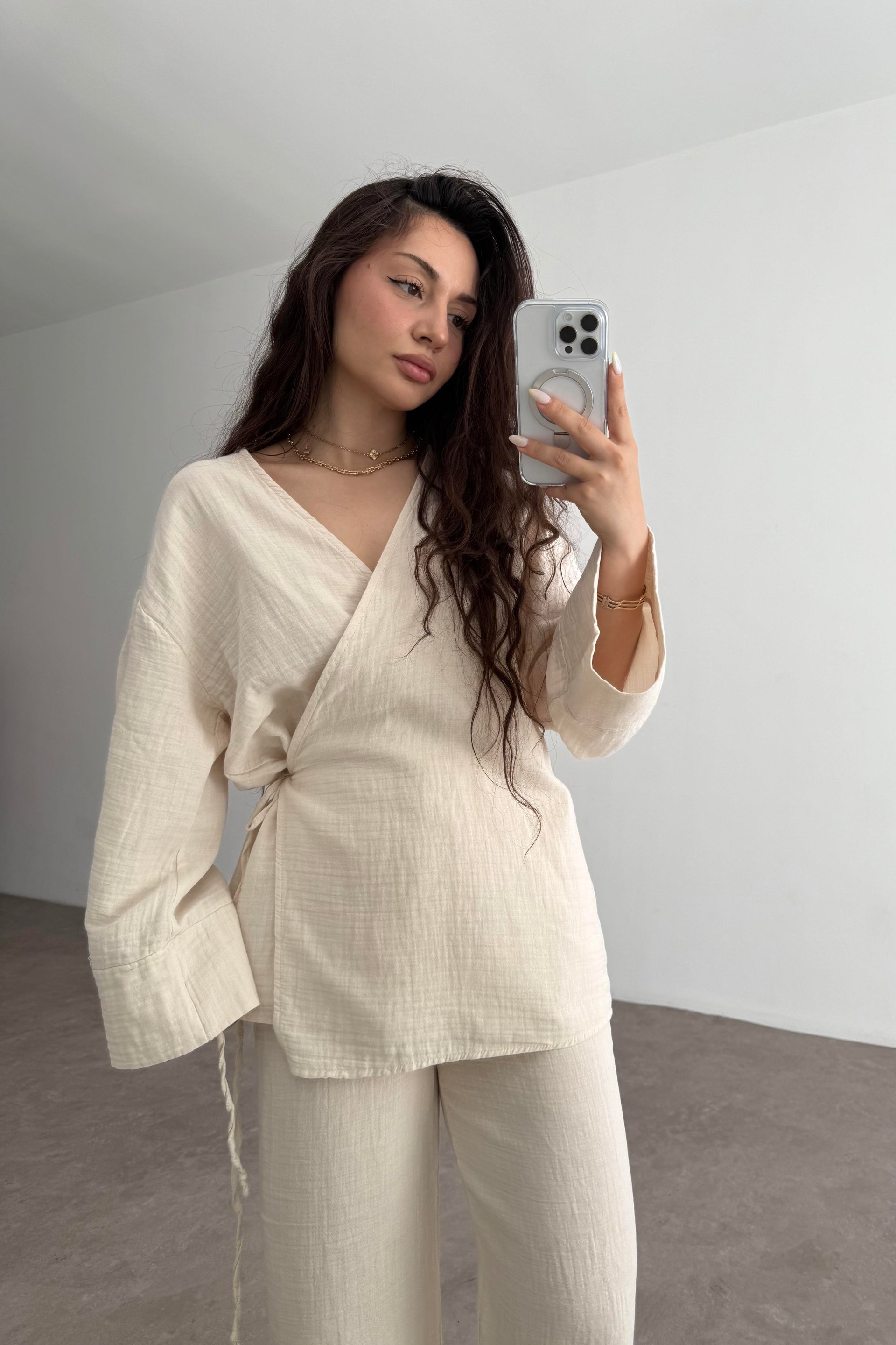Müslin Kumaş Çapraz Bağlama Kimono Takım Taş