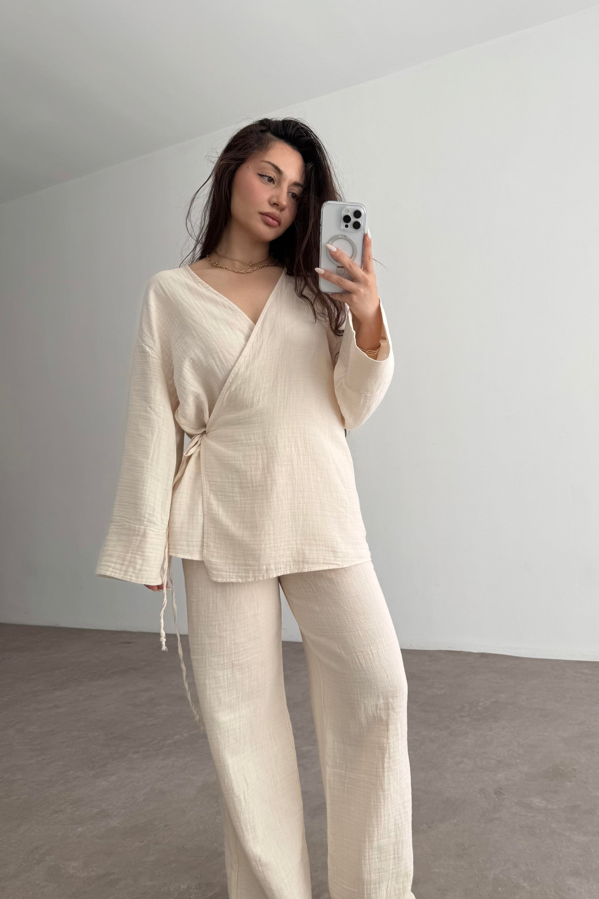 Müslin Kumaş Çapraz Bağlama Kimono Takım Taş