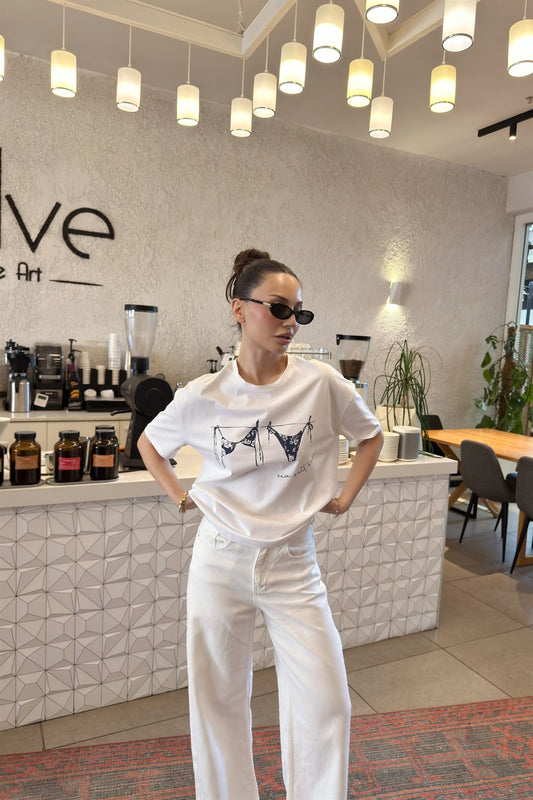 Orijinal Marka Bikini Baskılı Beyaz Tişört