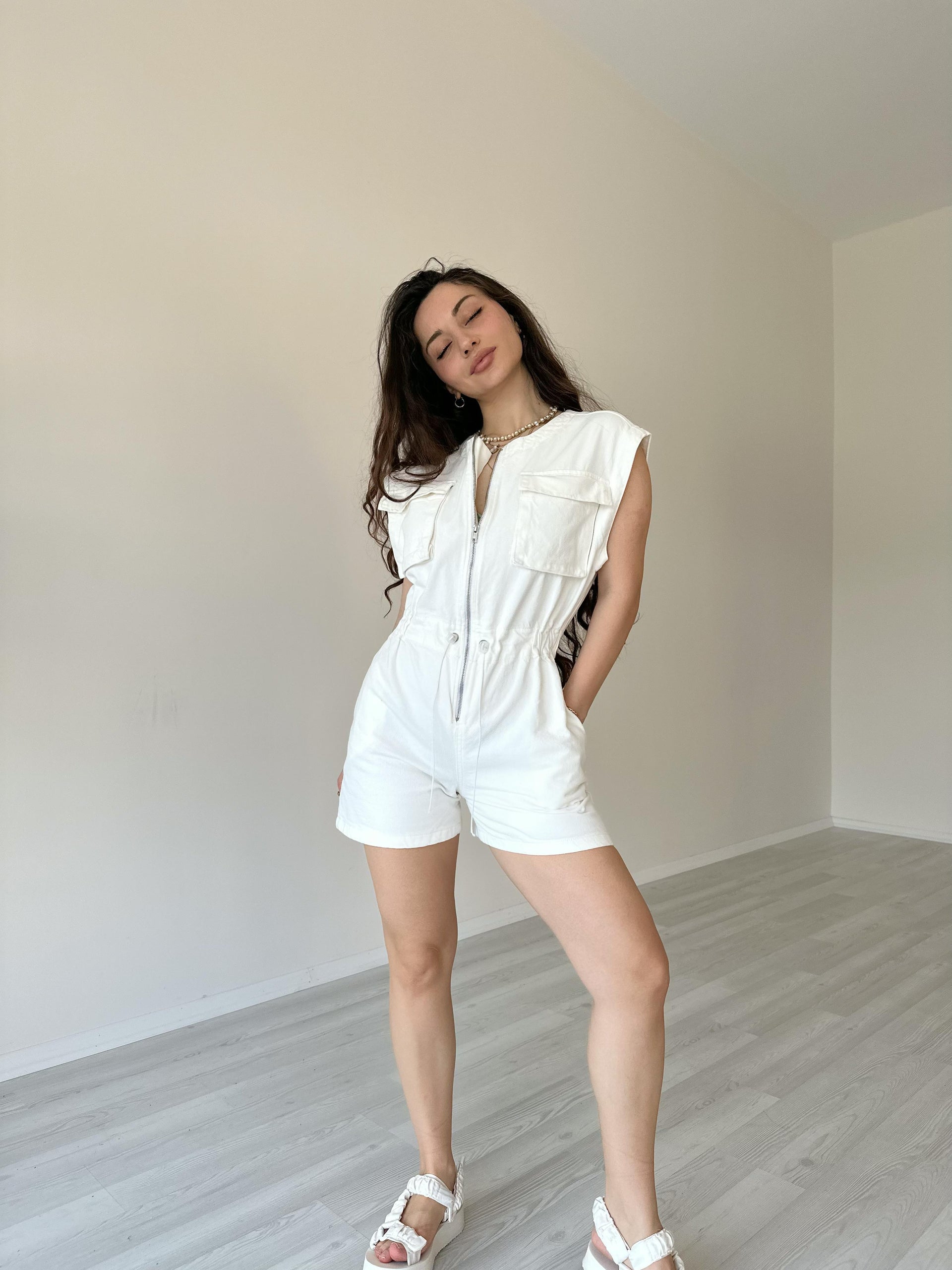 Orijinal Marka Denim Tulum Beyaz