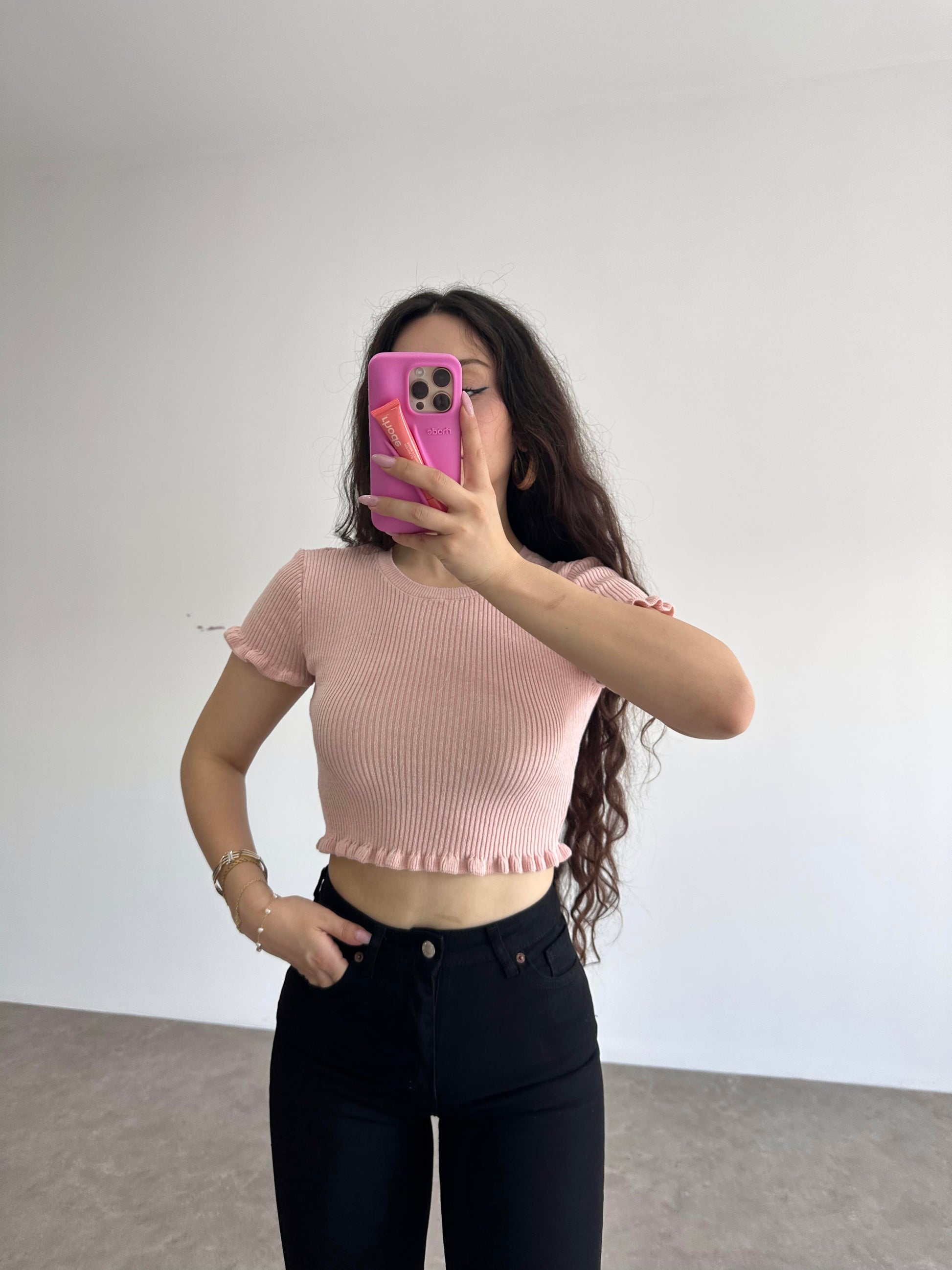 Orijinal Marka Fırfırlı Pudra Pembe Triko