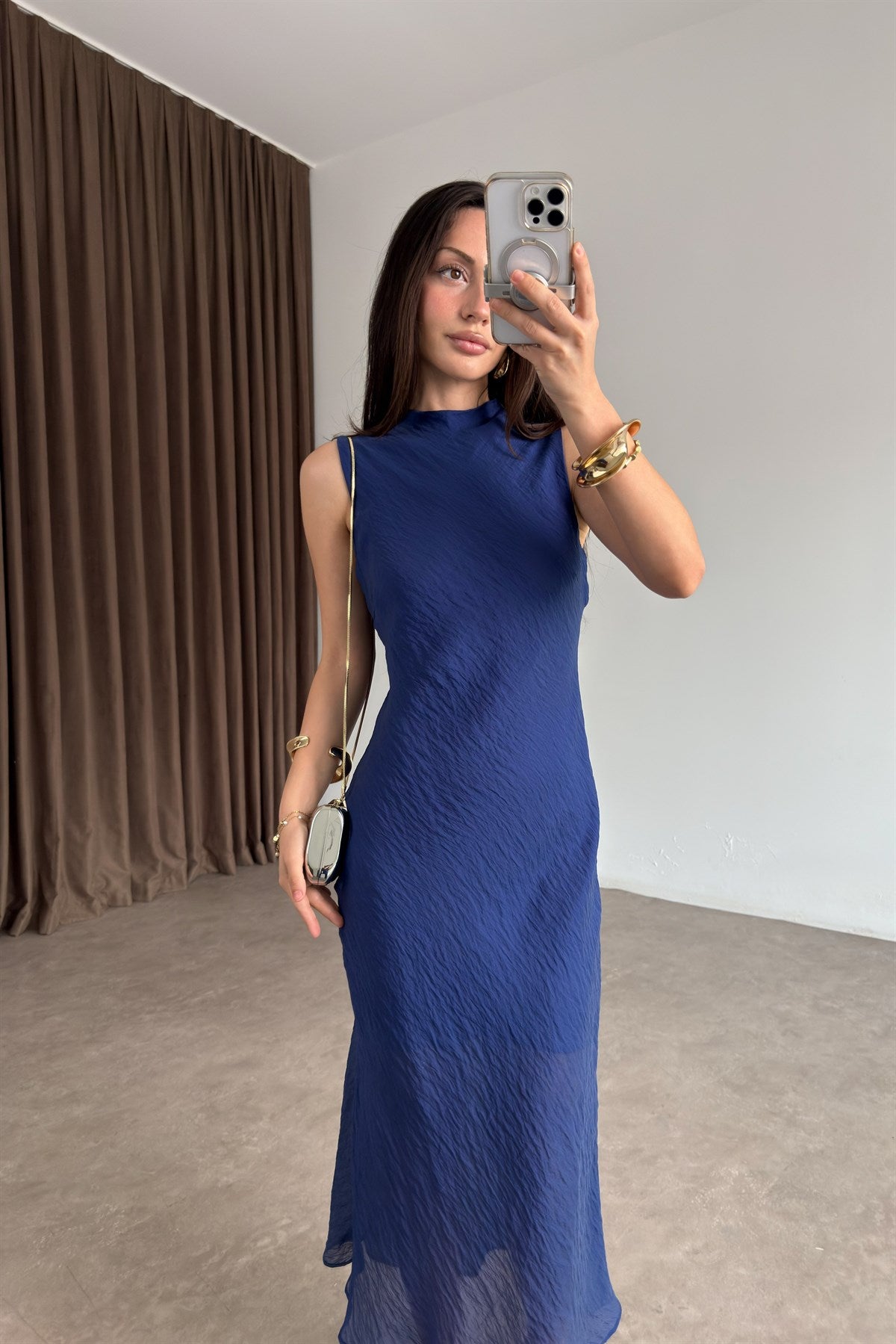 Orijinal Marka Kraşlı Royal Blue Midi Elbise