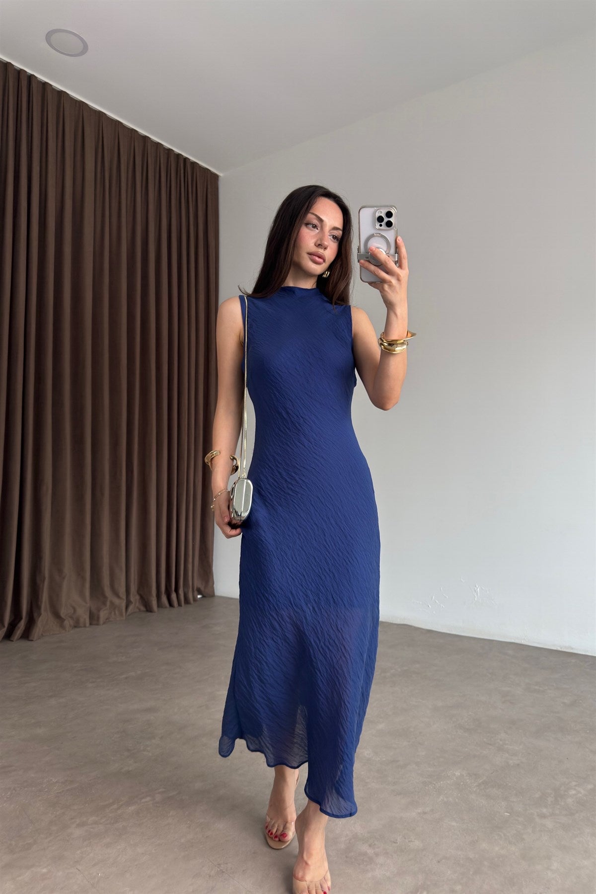 Orijinal Marka Kraşlı Royal Blue Midi Elbise