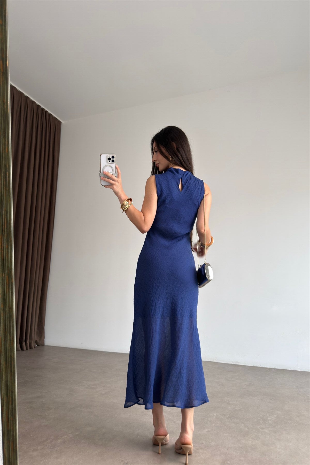 Orijinal Marka Kraşlı Royal Blue Midi Elbise