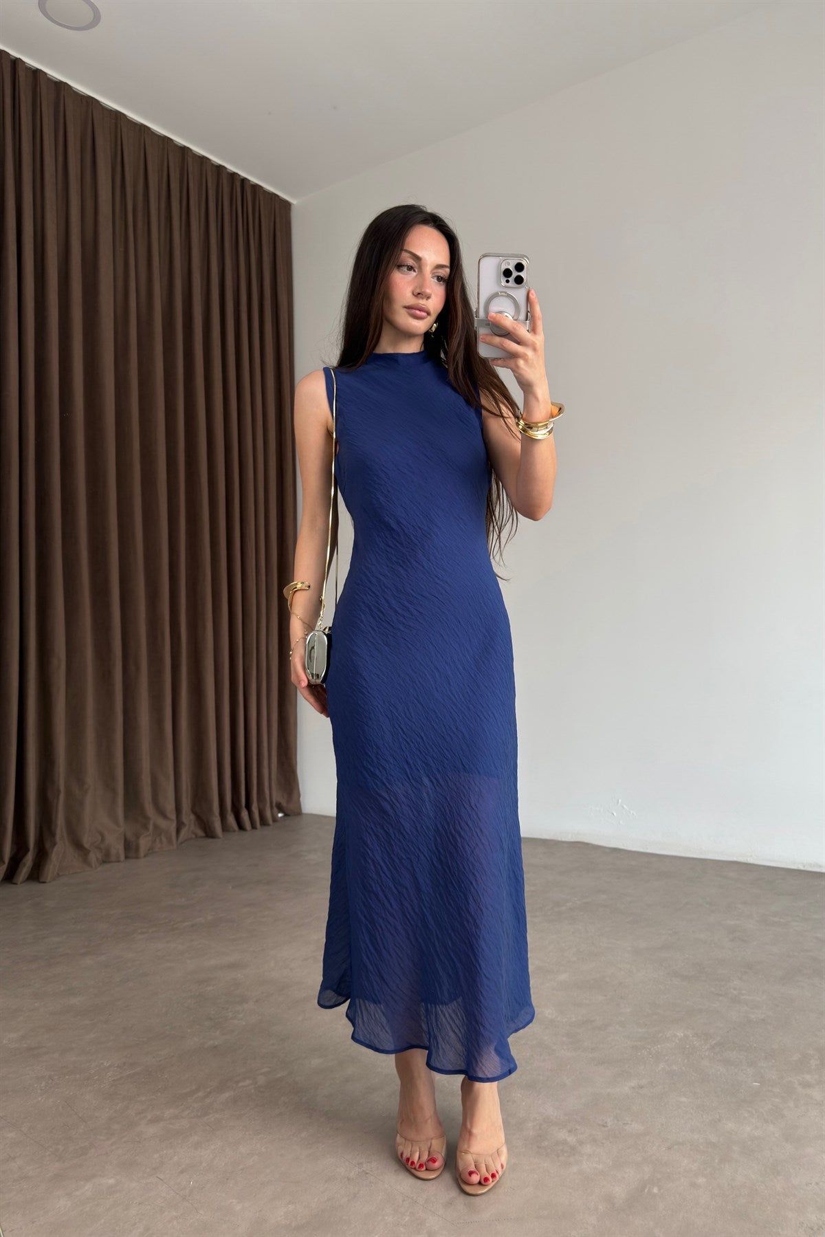 Orijinal Marka Kraşlı Royal Blue Midi Elbise