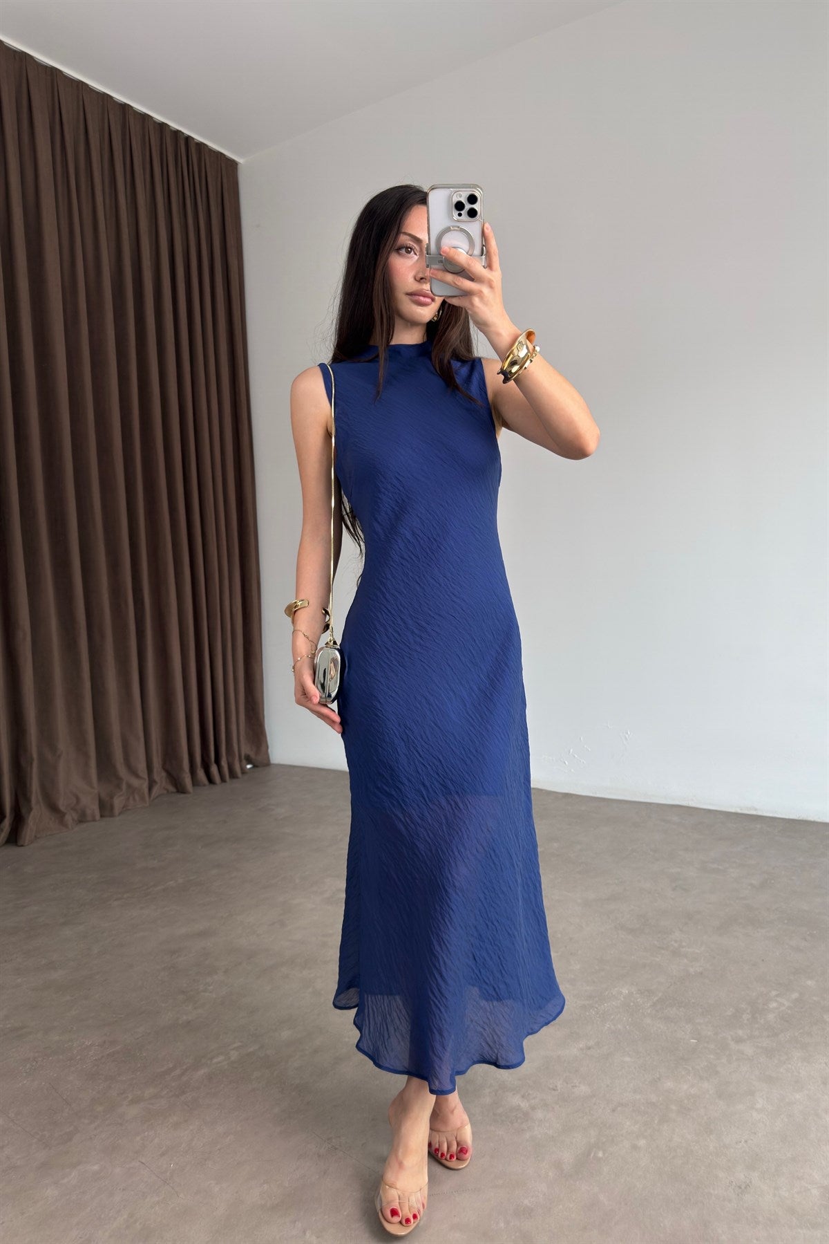 Orijinal Marka Kraşlı Royal Blue Midi Elbise