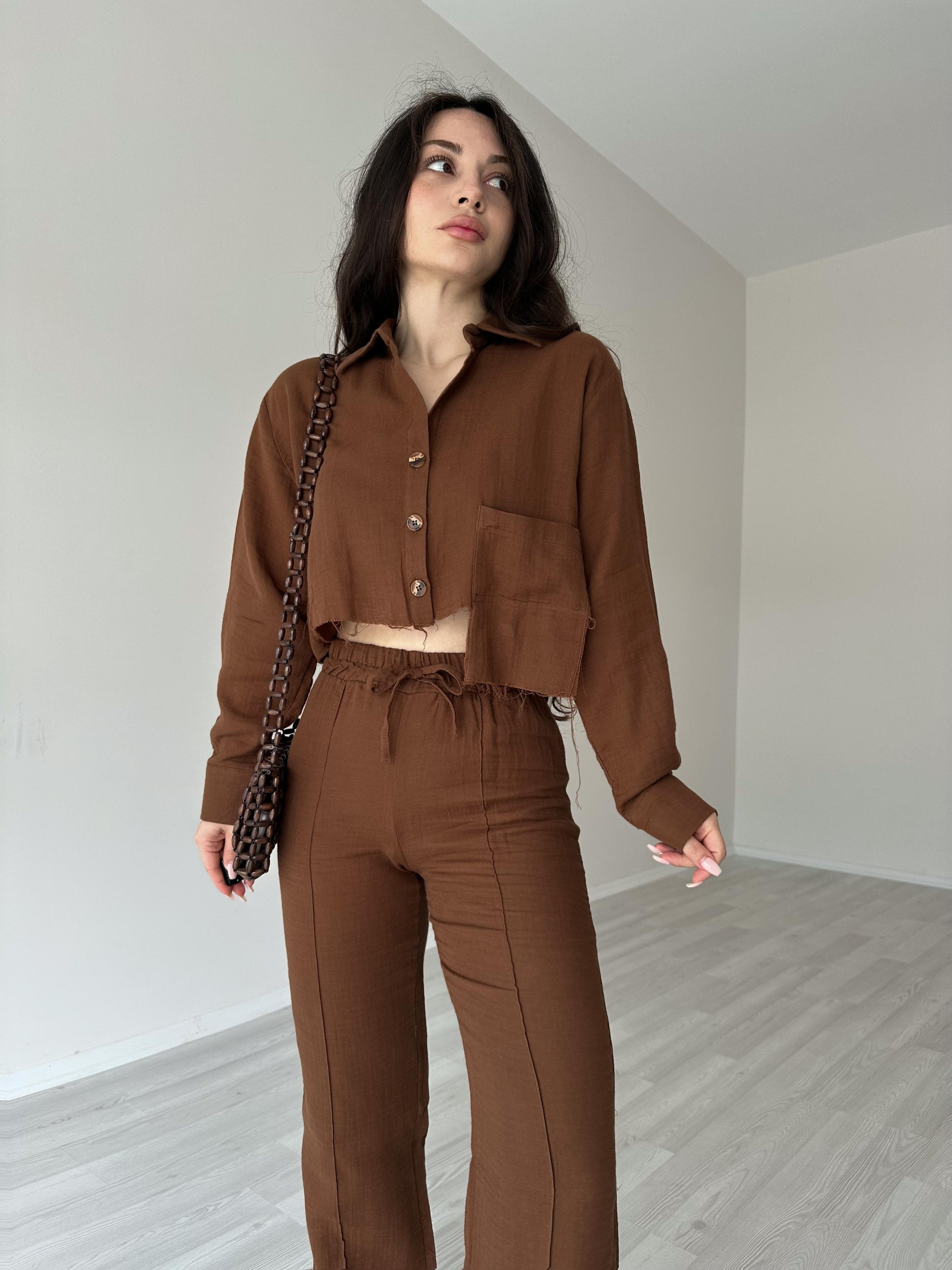 Orijinal Premium Keten Crop Gömlek Kahve