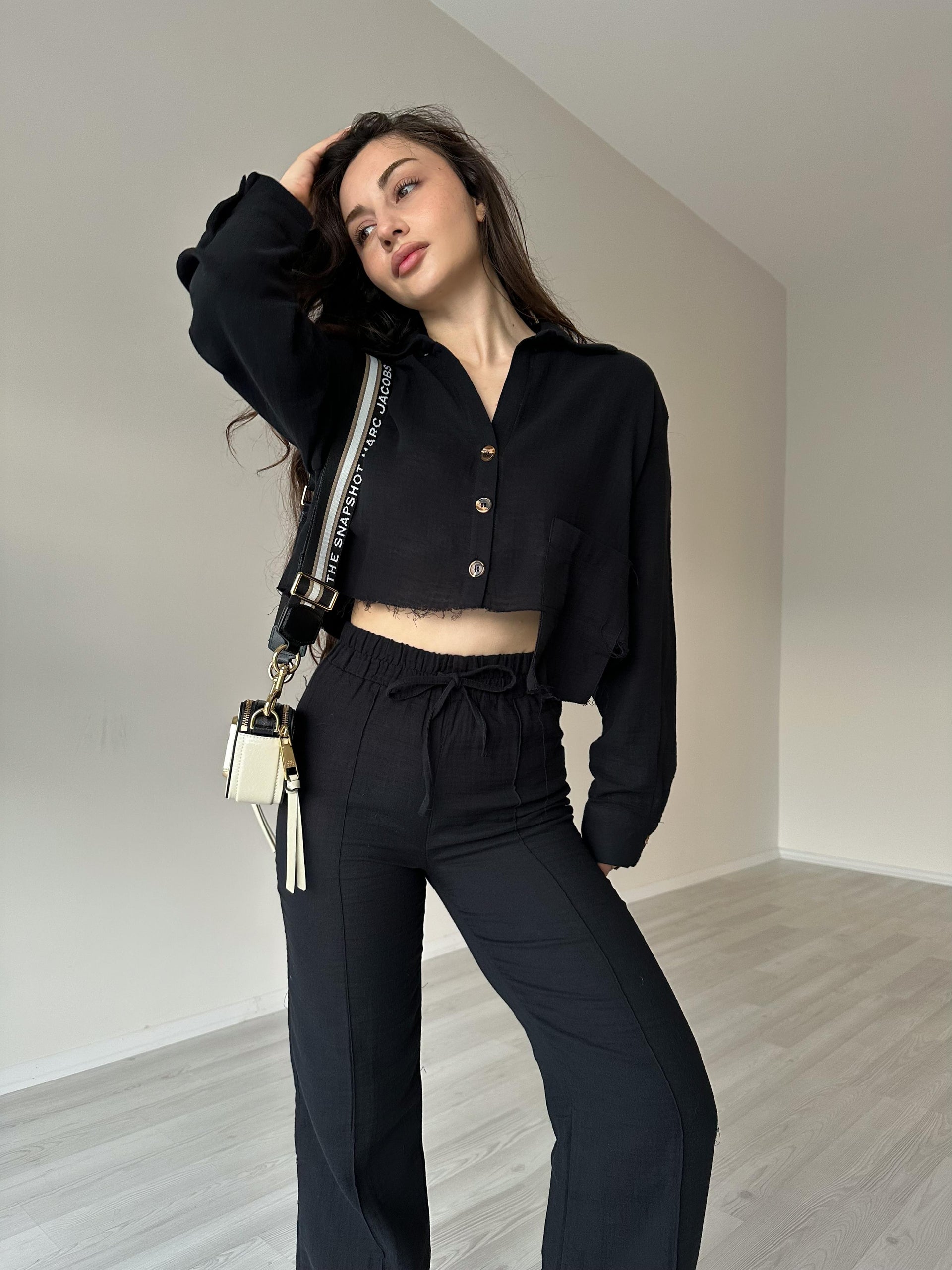 Orijinal Premium Keten Crop Gömlek Siyah