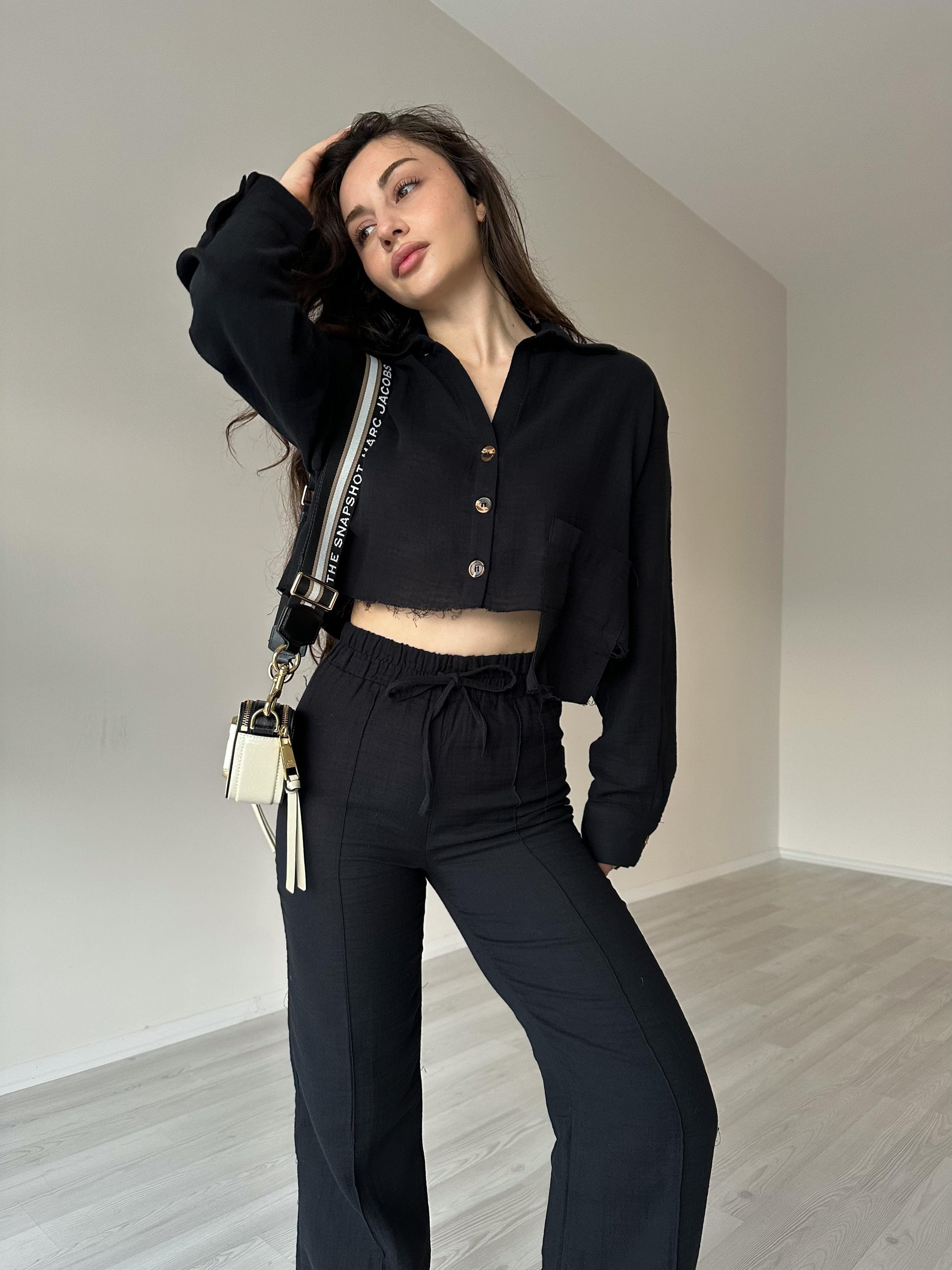 Orijinal Premium Keten Crop Gömlek Siyah