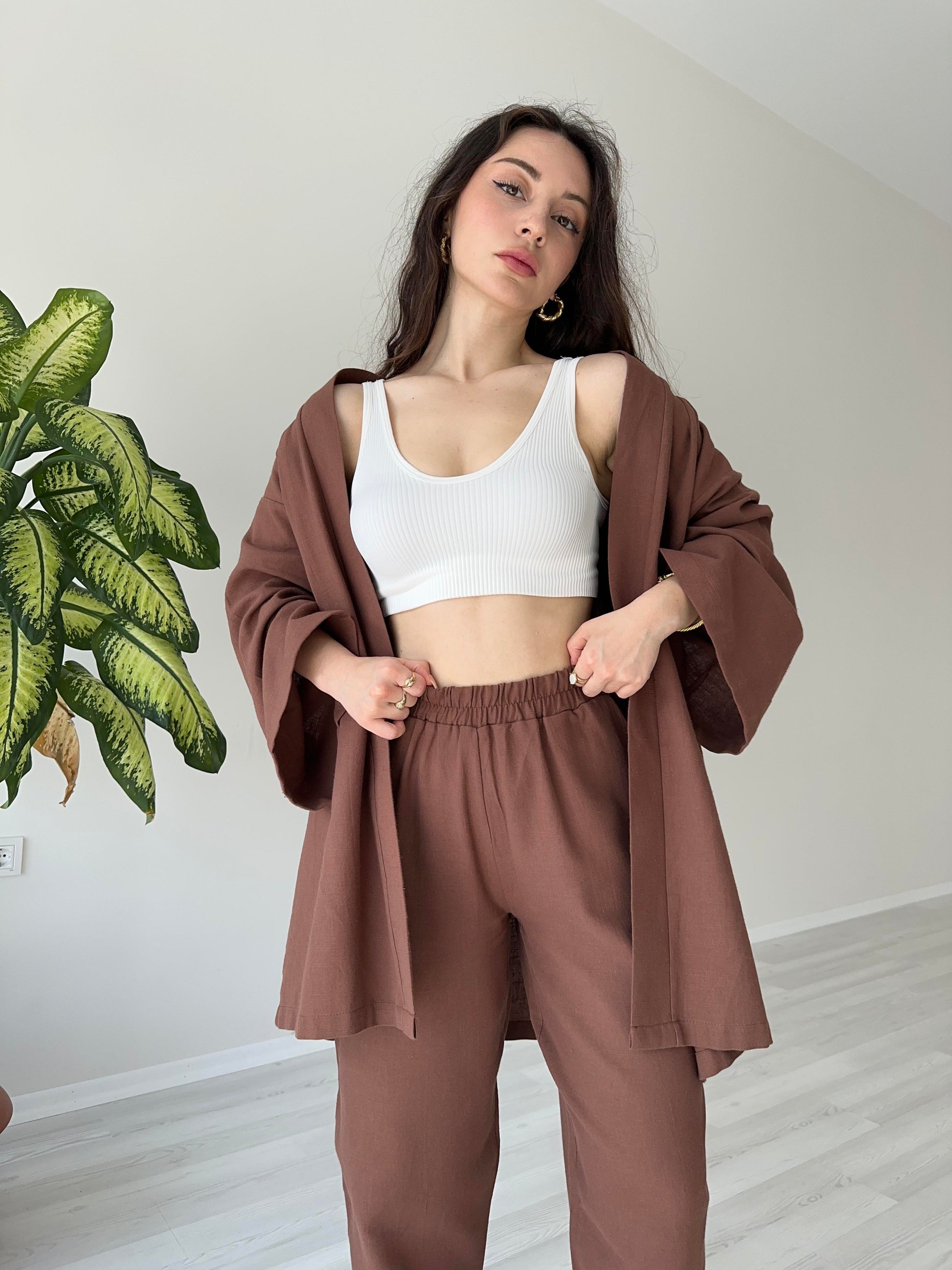 Orijinal Marka Premium Keten Kimono Takım