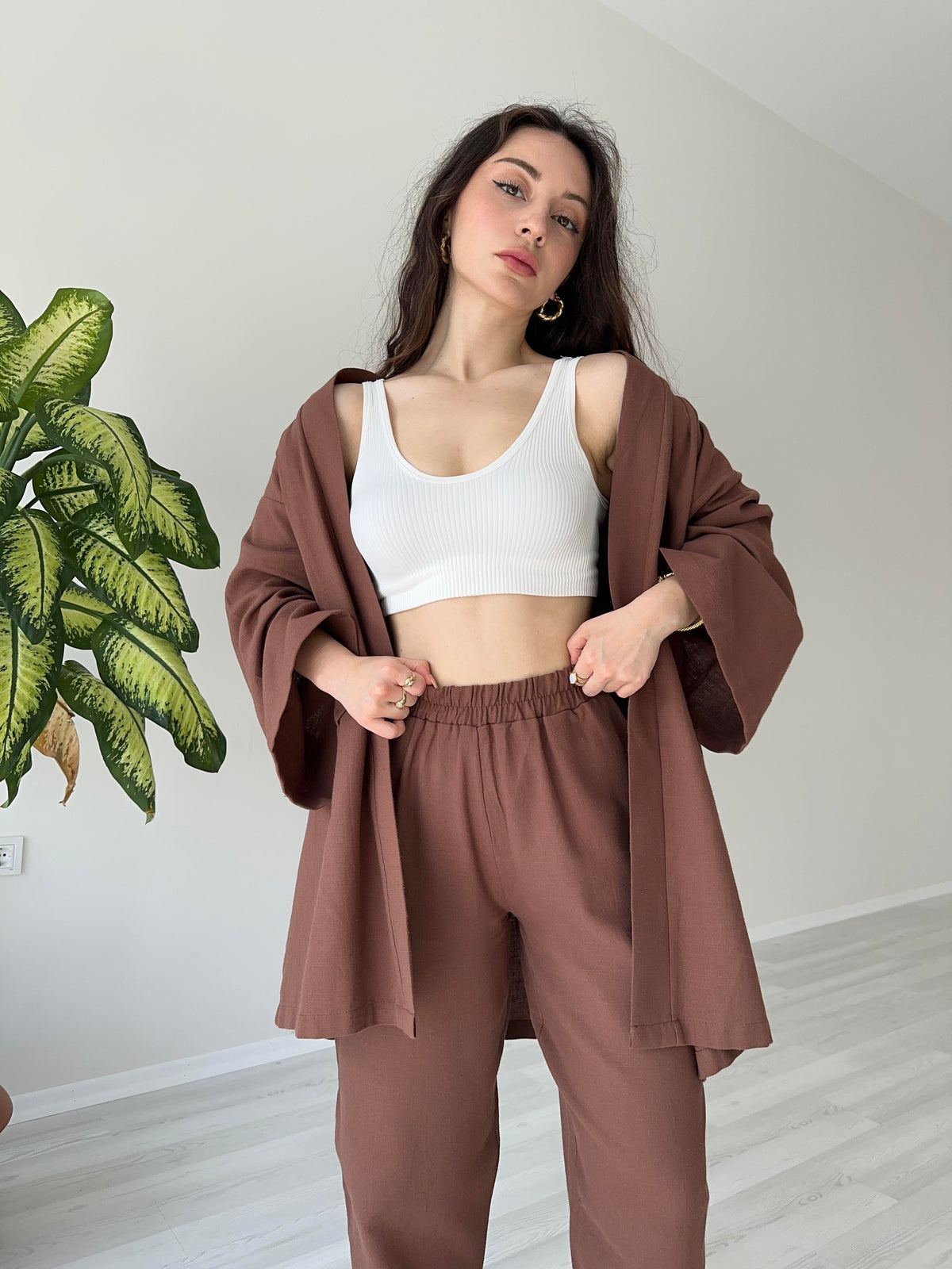 Orijinal Marka Premium Keten Kimono Takım
