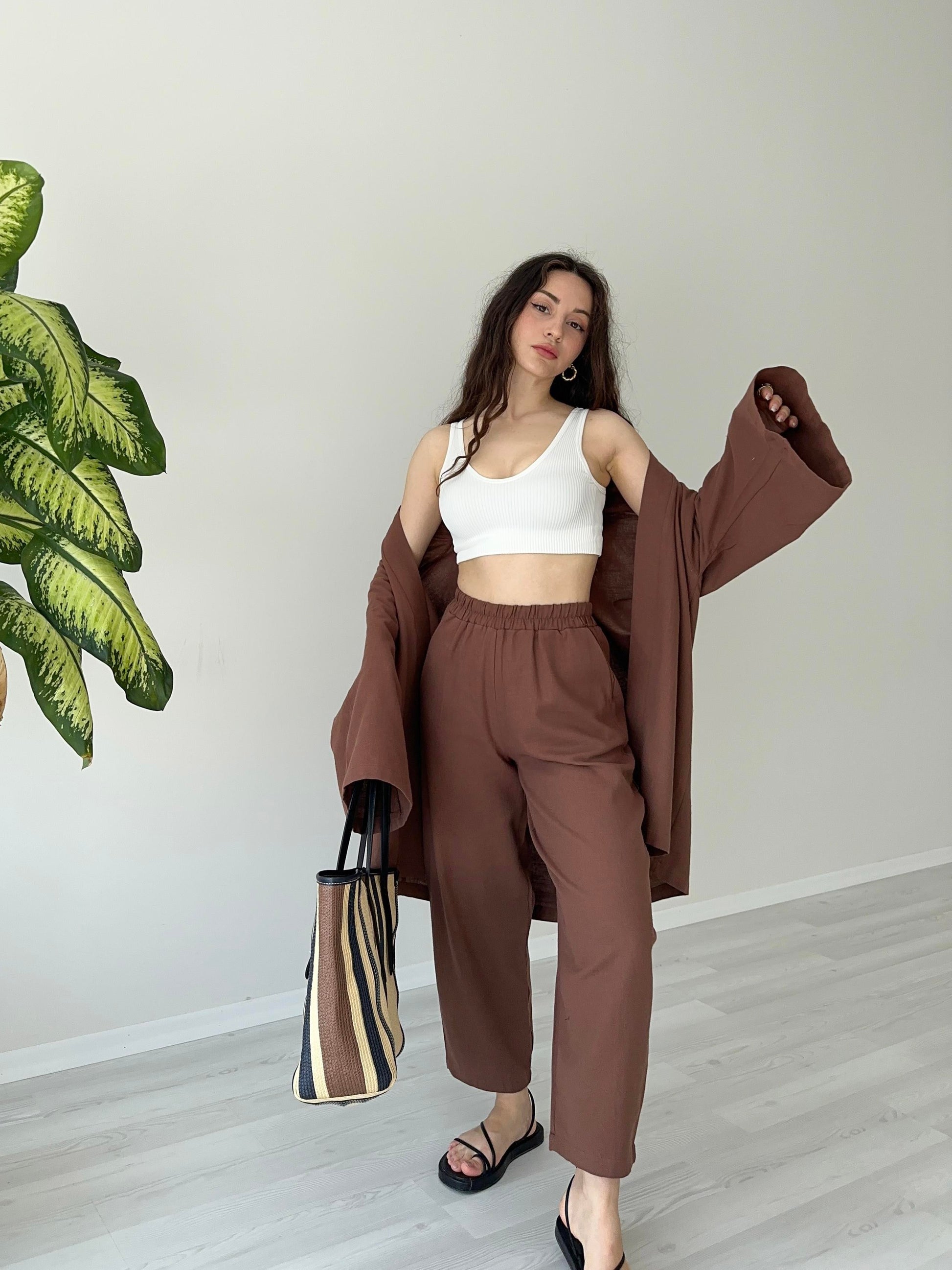 Orijinal Marka Premium Keten Kimono Takım