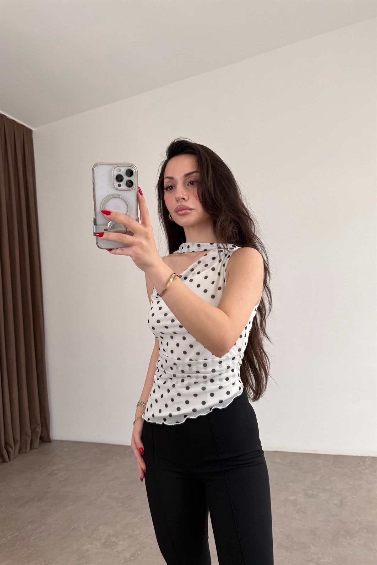 Orijinal Marka Şal Detaylı Puantiyeli Bluz