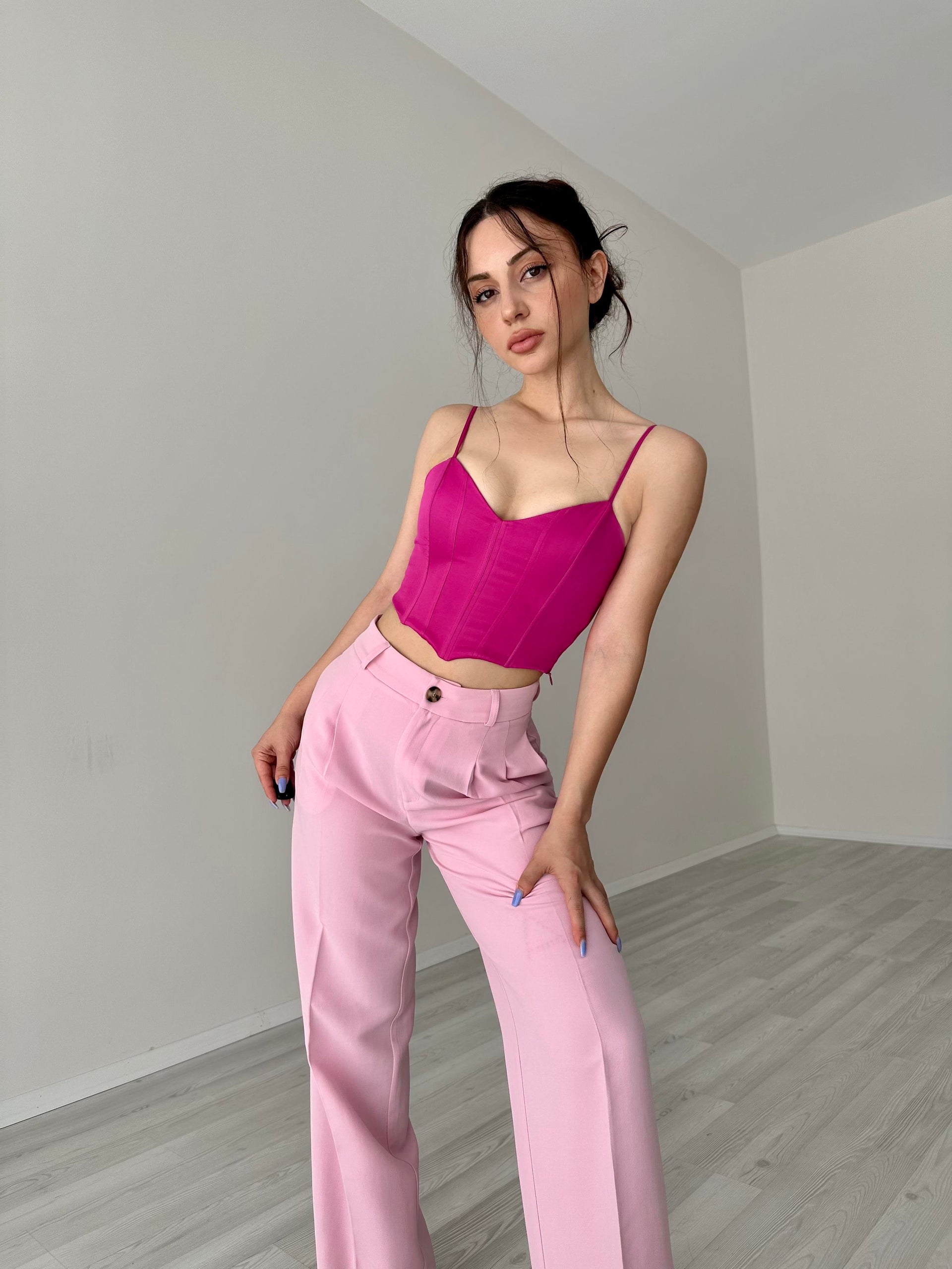 Orijinal Marka Saten Kalp Yaka Fuşya Korse Top