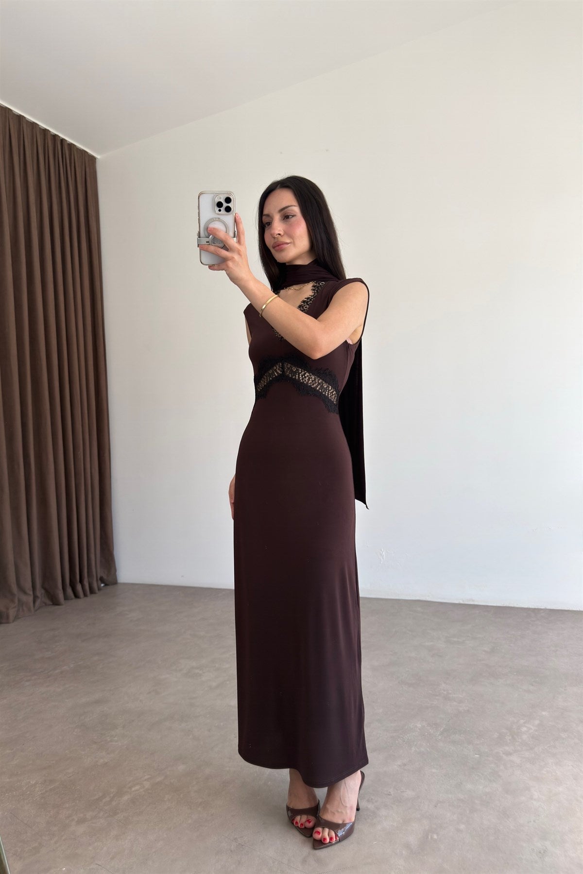 Orijinal Marka Selection Dantelli Kahve Elbise