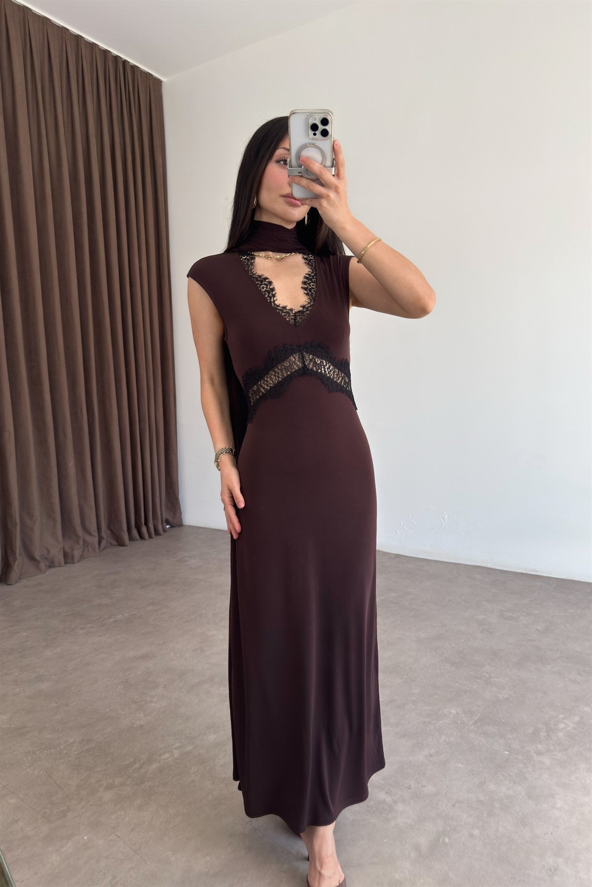 Orijinal Marka Selection Dantelli Kahve Elbise