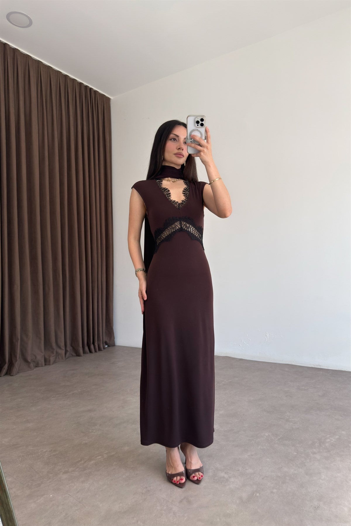 Orijinal Marka Selection Dantelli Kahve Elbise