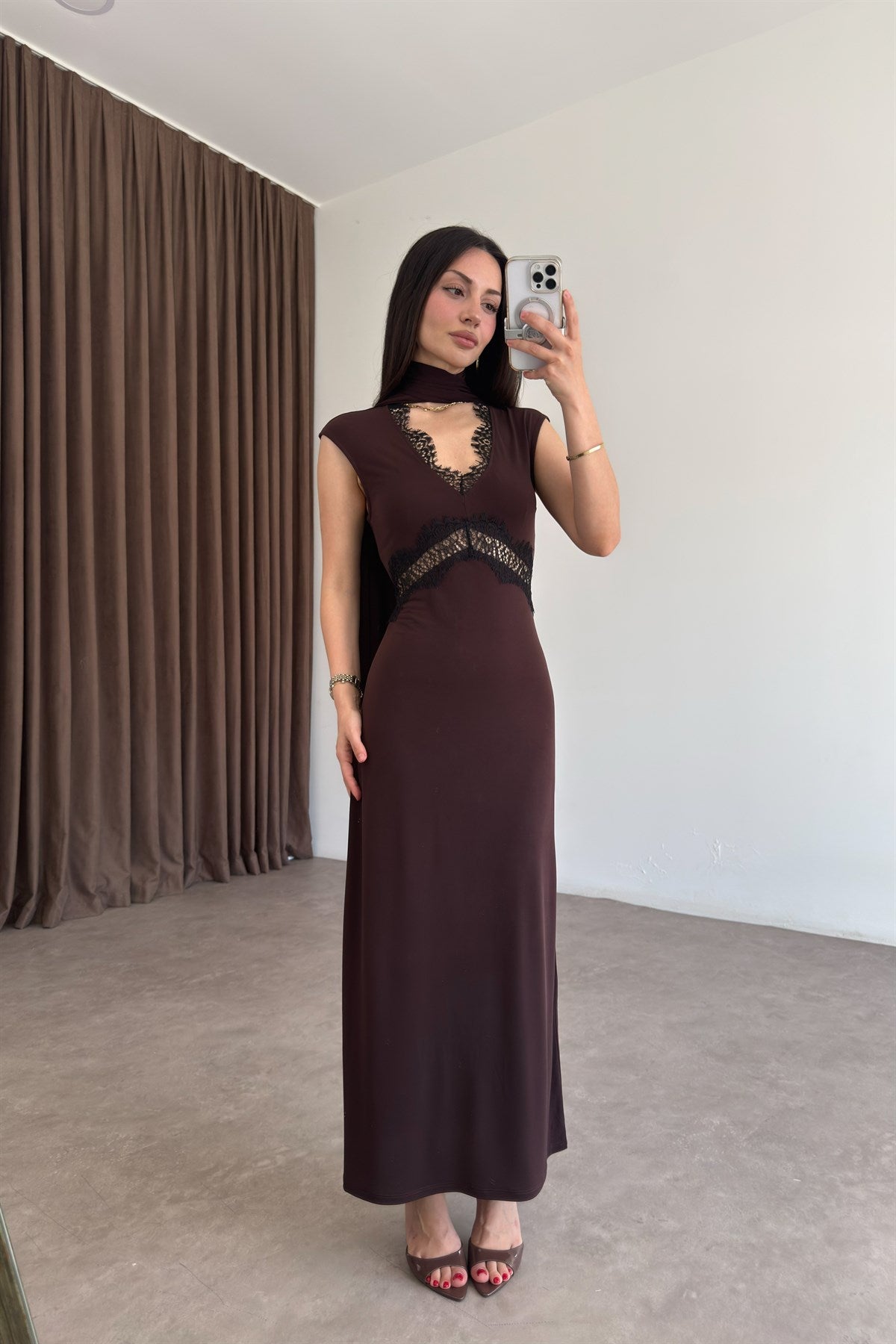 Orijinal Marka Selection Dantelli Kahve Elbise