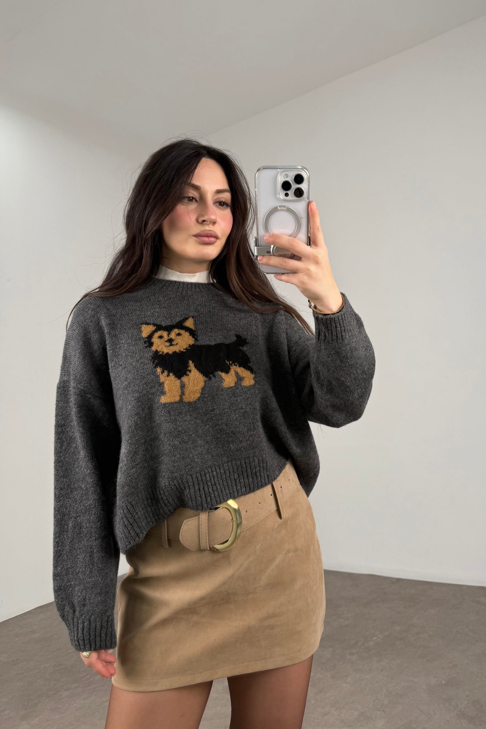 Orj Marka Köpek Figürlü Gri Kazak