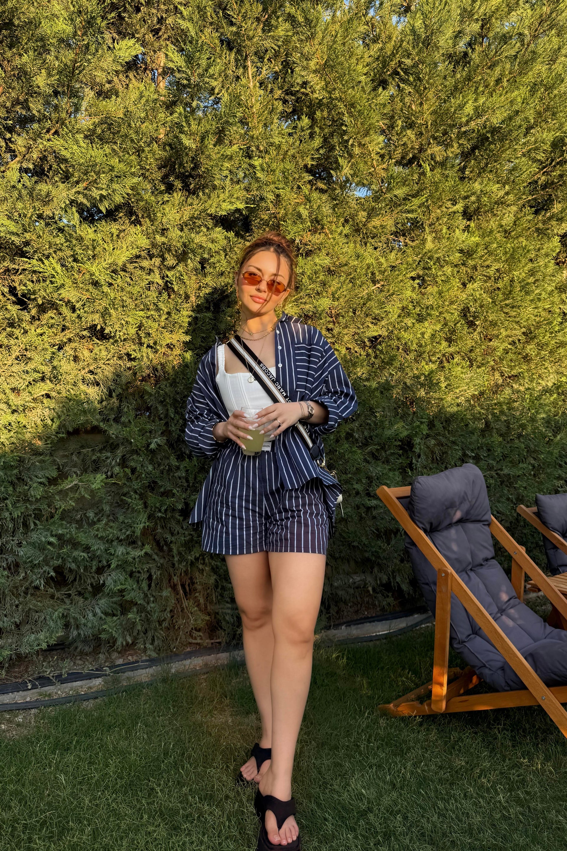 Oversize Çizgili Şort Gömlek Takım Lacivert